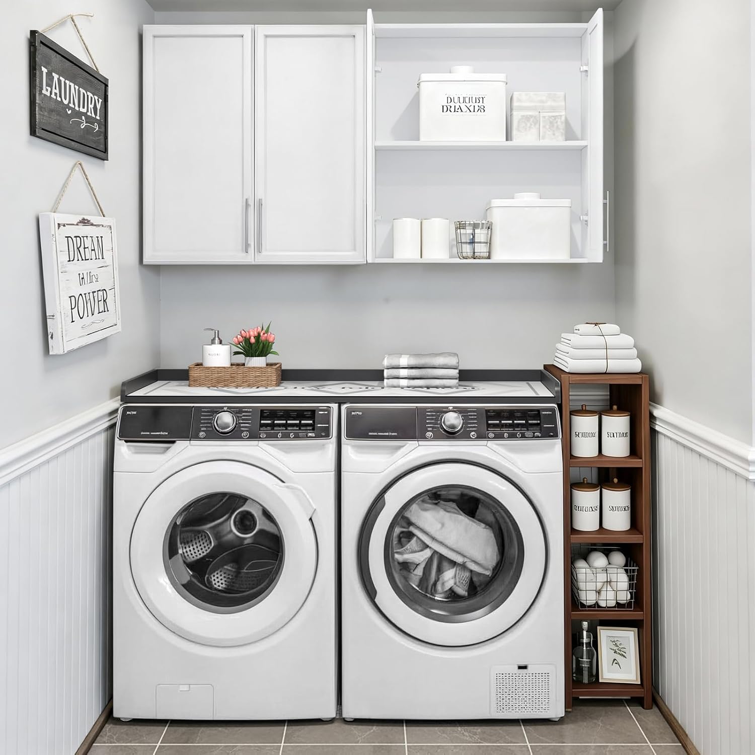 FIMELLO 60" Laundry Room Wall Cabinets and 27.6" x 54" Washer and Dryer Countertop Set, Laundry Room Cabinets Wall Mounted, Upper Cabinets Floating Cabinet - Grey Laundry Countertop