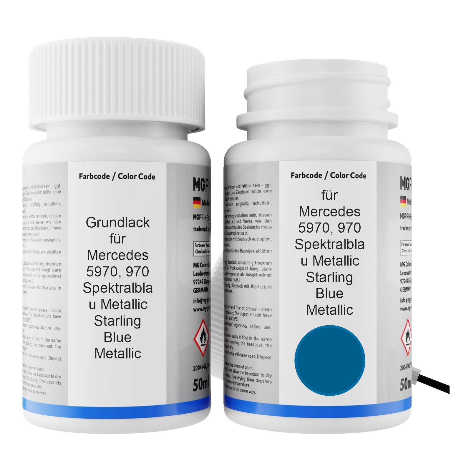MG PRIME Vernice per auto Kit stilo di ritocco per Mercedes 5970/970 Spektralblau Metallic/Starling Blue Metallic Vernice di fondo vernice di base vernice trasparente ognuno 50ml