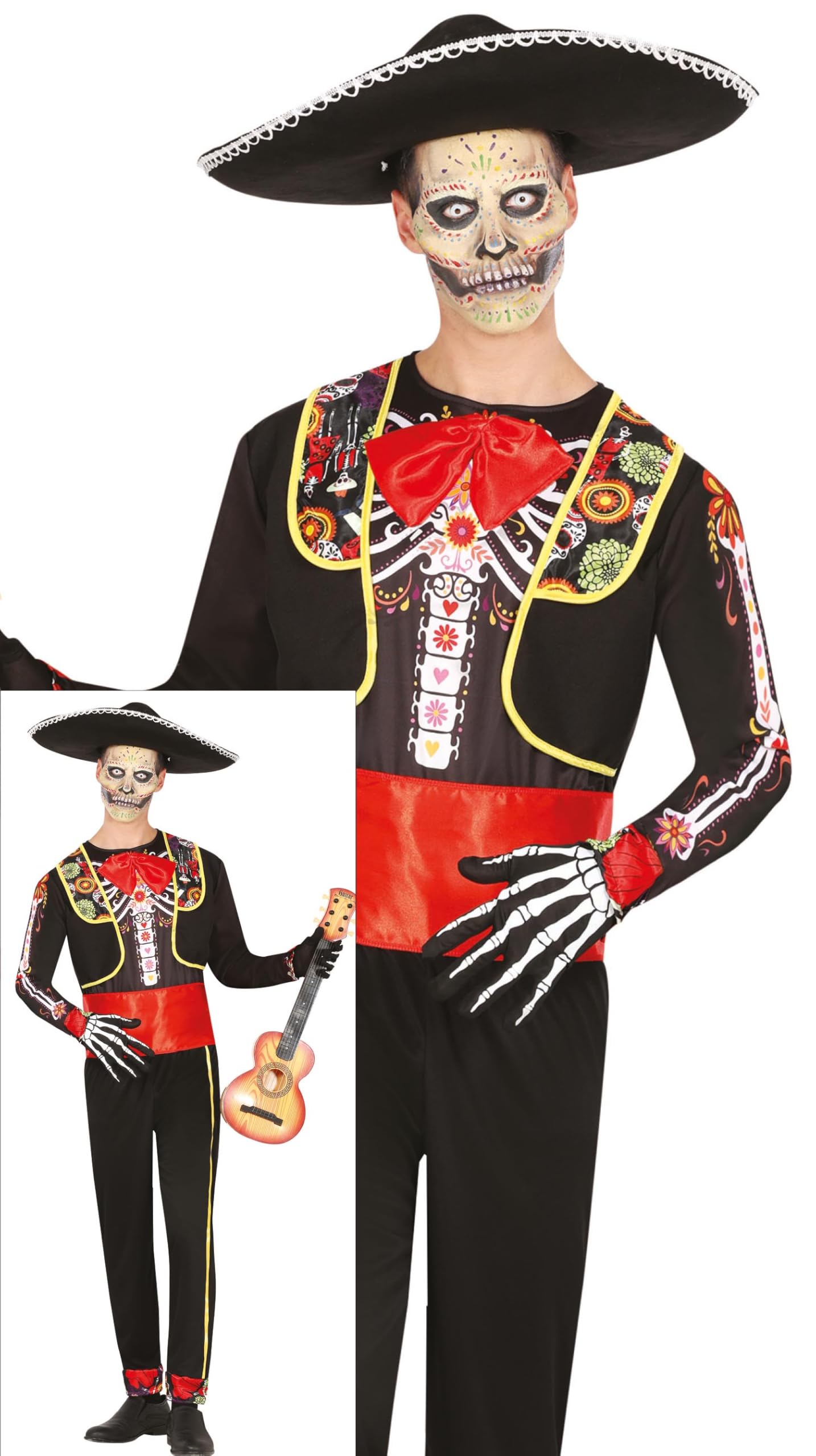 FIESTAS GUIRCA Mariachi Skeleton Men Fancy Dress Costume - Mexican Day of the Dead Suit - Mens Halloween Costumes Adult Size L