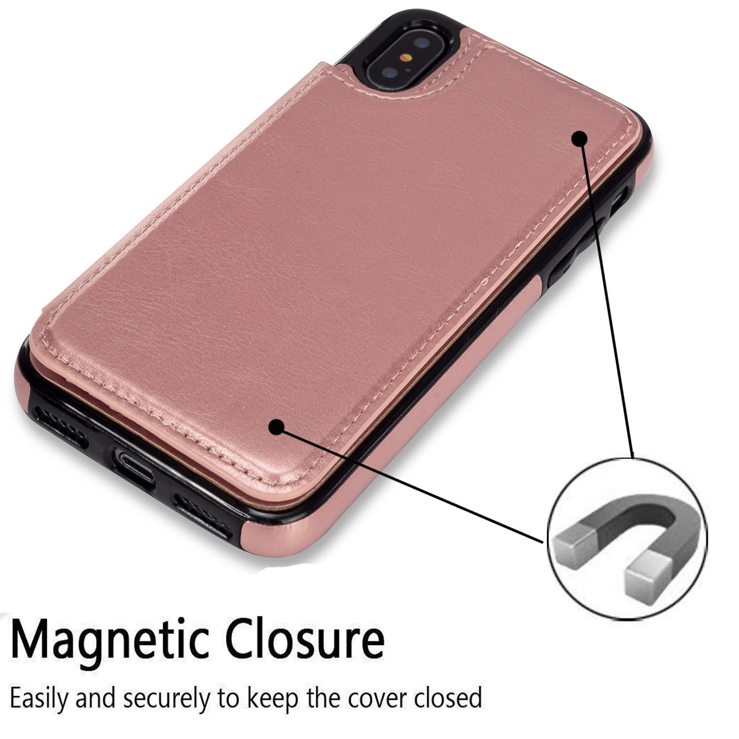 UEEBAI Custodia Per IPhone XS Max – Pelle PU Di Lusso Con Porta Carte E Supporto – Due Chiusure Magnetiche – Oro Rosa - 2