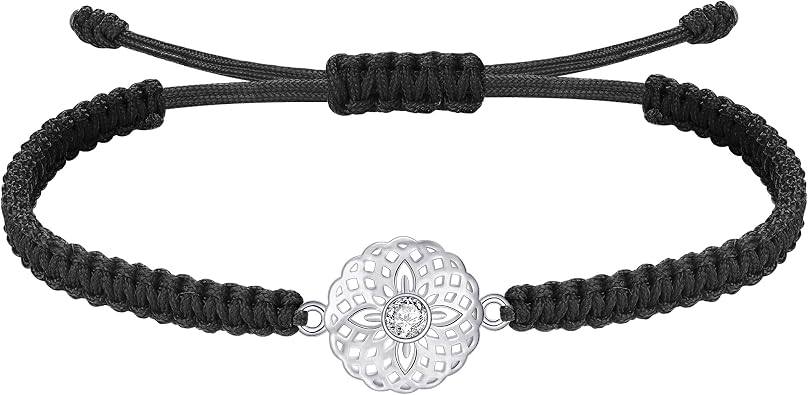 J.Endear Mandala Flower Bracelet 925 Sterling Silver for Women, Handmade Braided Rope Black String Adjustable Lady Jewelry, Yoga Meditation Buddhist Spiritual Lucky Amulet Gift