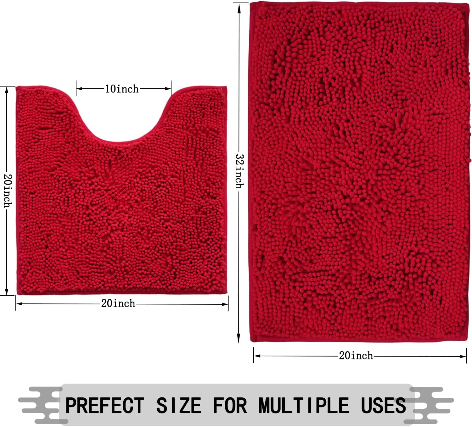Bathroom Rugs Sets 2 Piece,Super Absorbent Soft,Thick,Machine Washable Chenille Bath Mat,Non Slip Toilet Floor Rug,Bath Mats for Bathroom,20x32 Plus 20x20 U Shape,Red