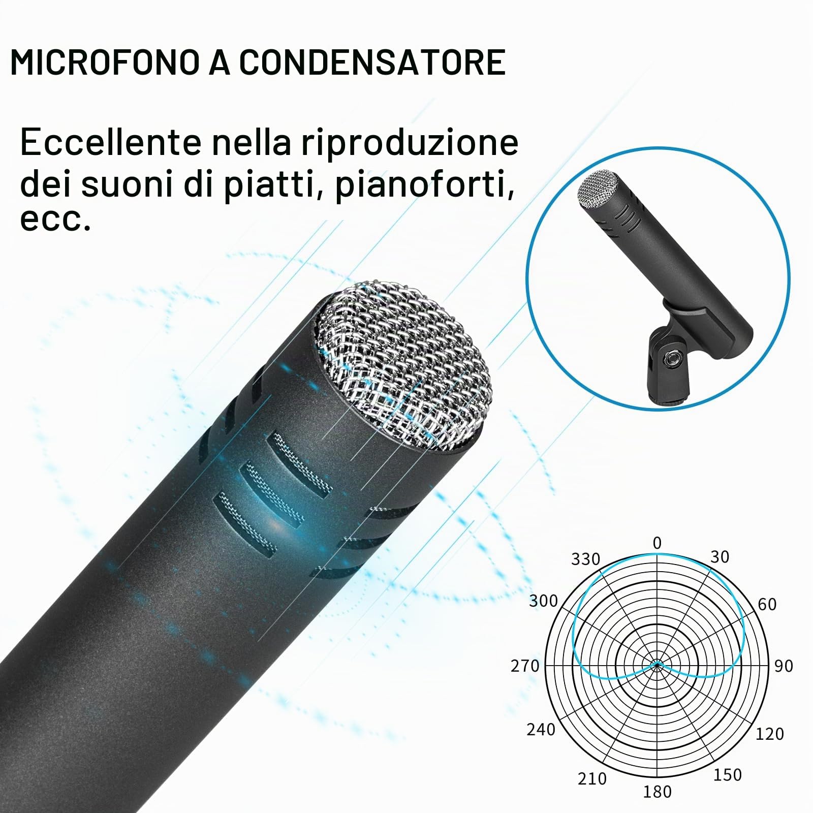 Depusheng Set microfono per batteria da 7 pezzi Con 5 microfoni dinamici a percussione e 2 microfoni a condensatore a percussione Ideale per la registrazione di strumenti e la produzione musicale