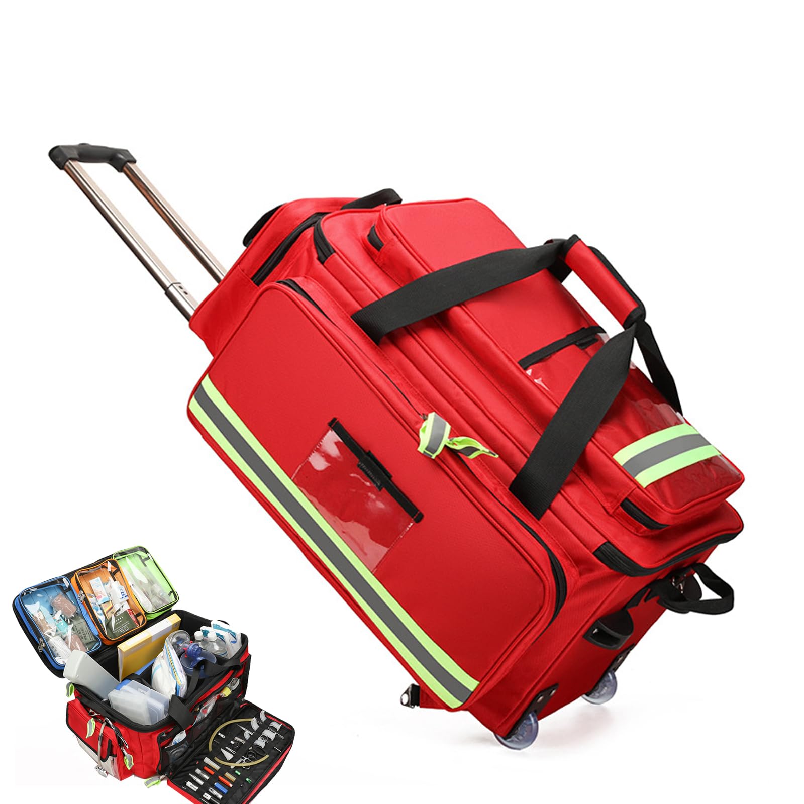 Bolso De Primeros Auxilios Portátil Con Ruedas, Organizador De Botiquín De Emergencia De Gran Capacidad, Bolso Médico Con Ruedas Vacío,Con Compartimentos Y Tiras Reflectantes,Para Enfermeras Y Médicos