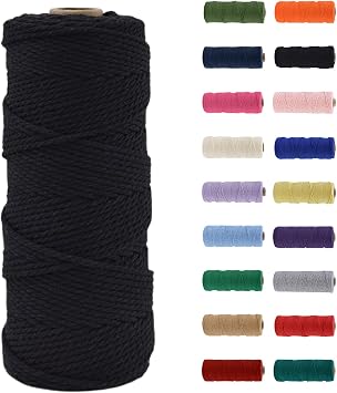 Macrame Cord 3 mm x 100 m, Black Macrame Thread, 100% Natural Macrame Cotton Thread for DIY Projects, Tapestry, Knitting, Crafts and Gift Decoration
