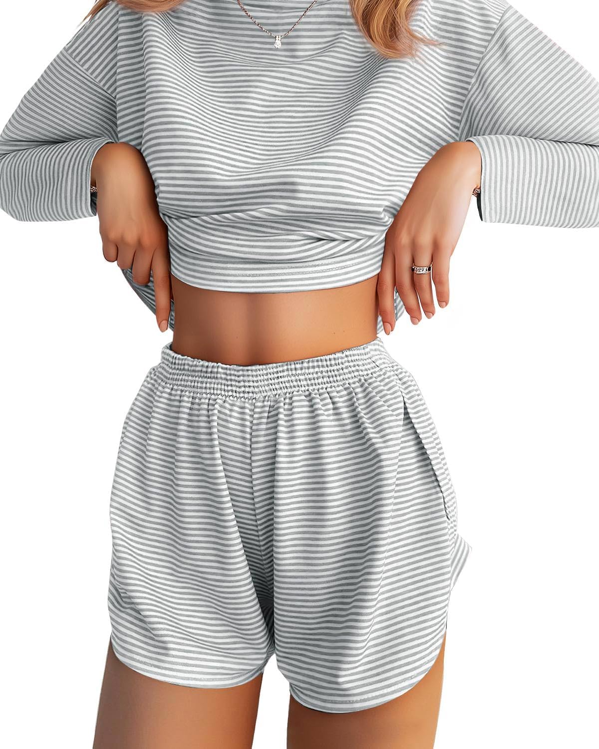 JUSTFASHIONNOW Womens Pajama Sets Long Sleeve Top and Split Shorts Striped Two Piece Lounge Set Cozy Loungewear Crew Neck Sleepwear Soft Pjs Fall Winter Cute Outfits (Light Grey, Small)