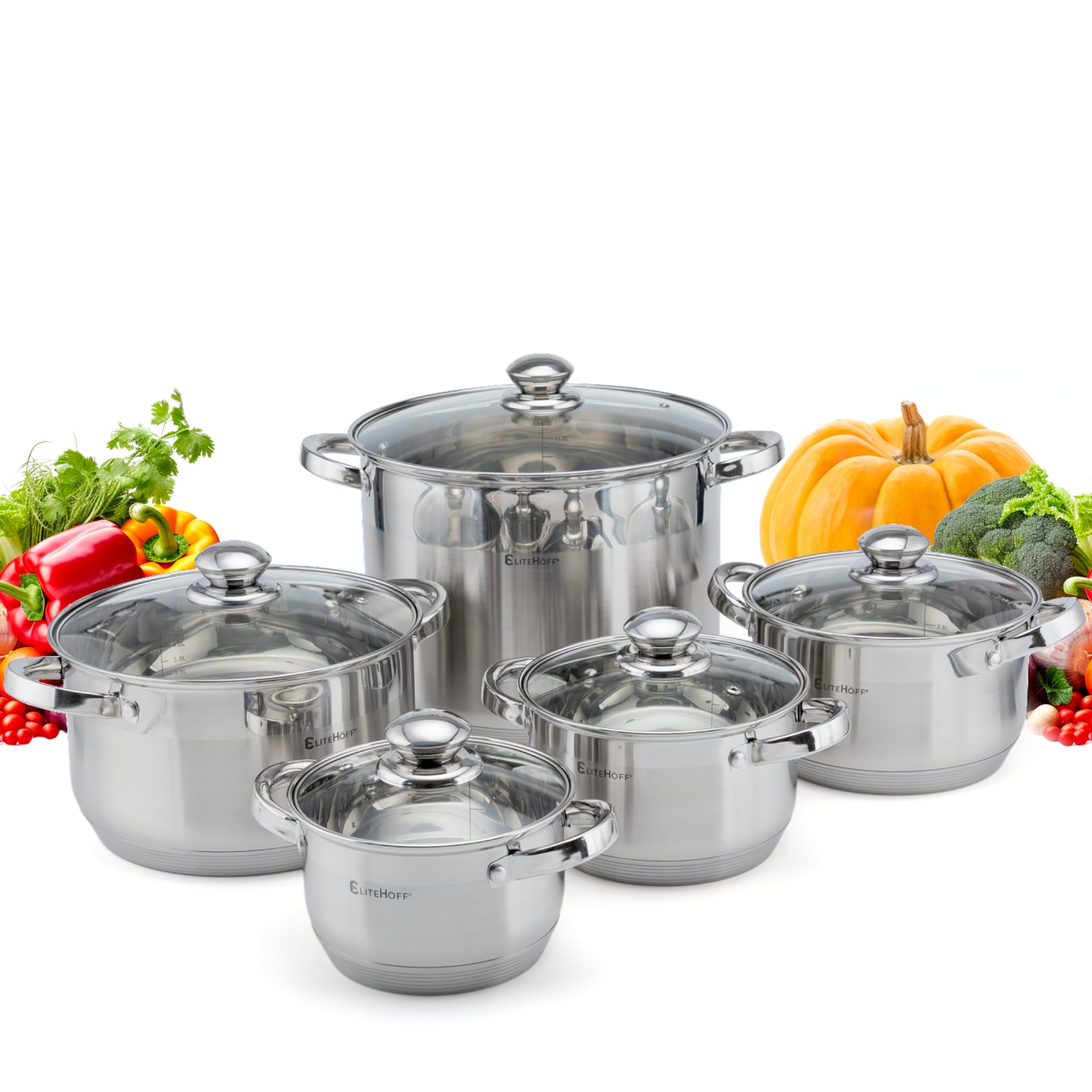 EliteHoff 10-teilig Induktion Kochtopf-Set, 7-lagig Edelstahl Kochtopf, 5er Set Töpfe mit Deckeln, für Alle Herdarten