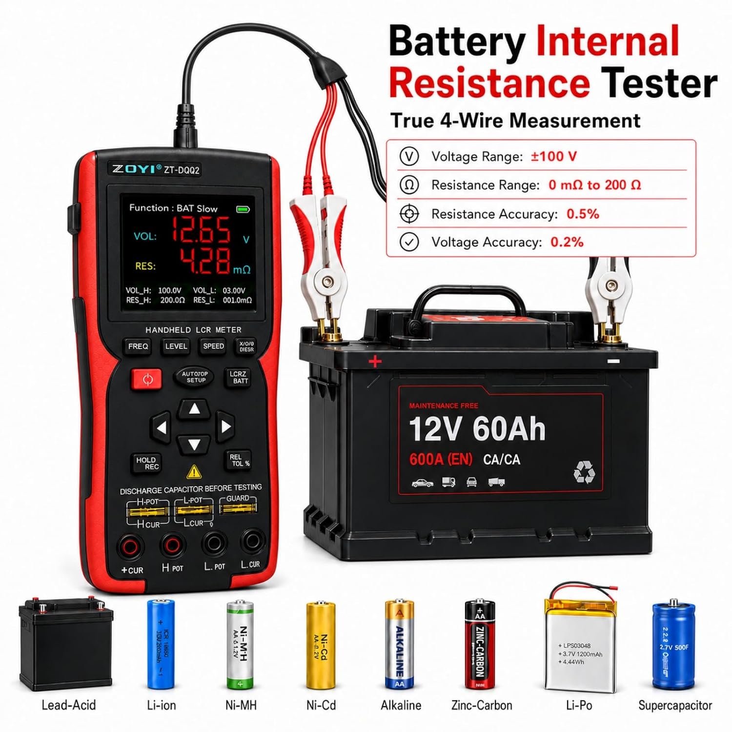 ZOYI ZT-DQ02 2-in-1 Digital LCR Meter&Voltage Battery Internal Resistance Tester, Auto Component Detect, 100kHz LCRZ ESR/Q/D/θ/X Dual Parameter with 4-Wire Kelvin Measurement for Batteries Analyzer image 3