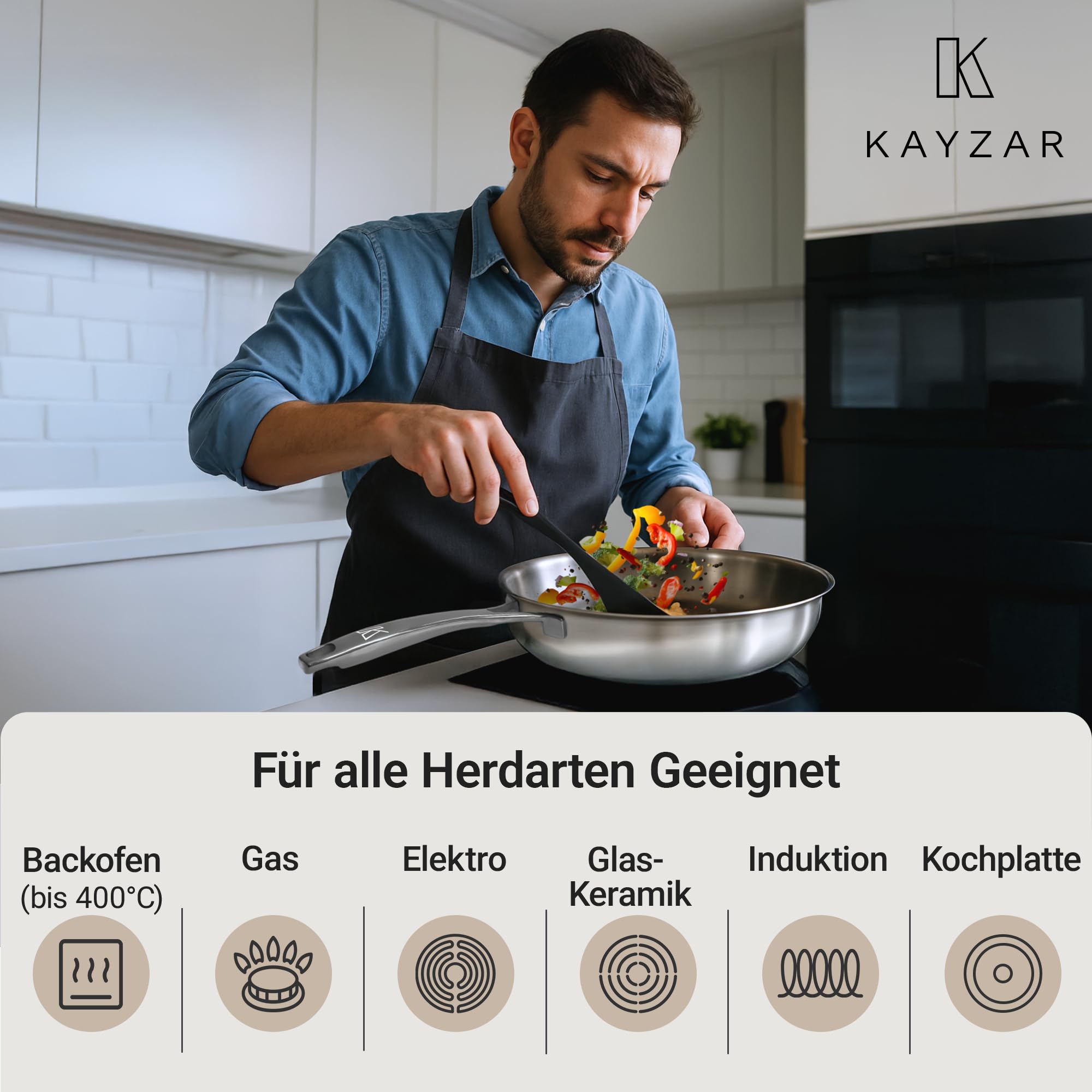 Kayzar Profi Edelstahlpfanne 28 cm - Bratpfanne unbeschichtet & PFOA-frei, Premium 3-lagiger Boden (3,5 mm) für gleichmäßige Wärmeverteilung & natürliche Antihaftwirkung, Induktion