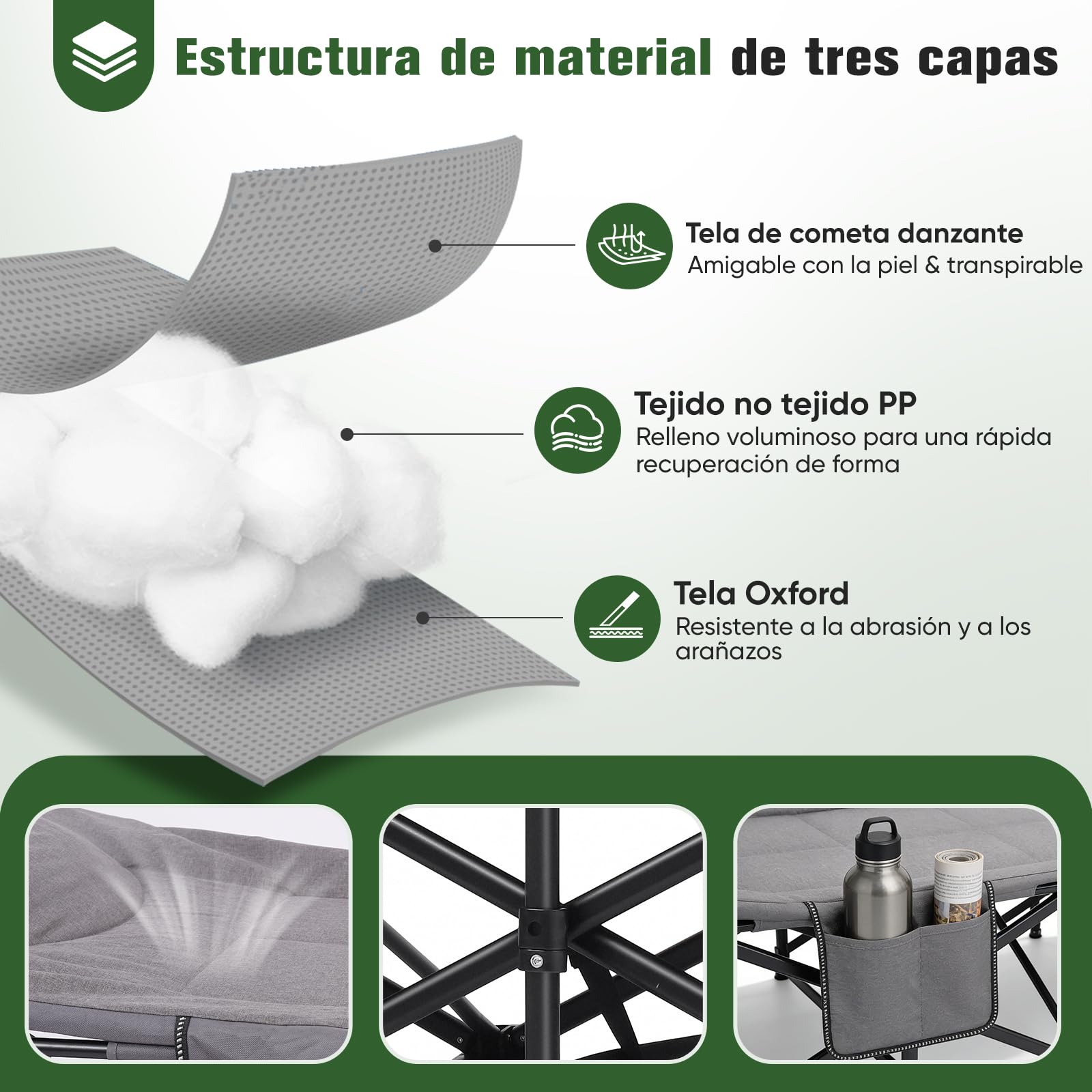 Sekey Cama de Camping Plegable con Acolchado y Bolsillo Lateral, hasta 190 x 71 x 36 cm, Superficie de Descanso Muy Ancha, Tumbona de Camping para Exterior e Interior, Ideal para jardín, Camping