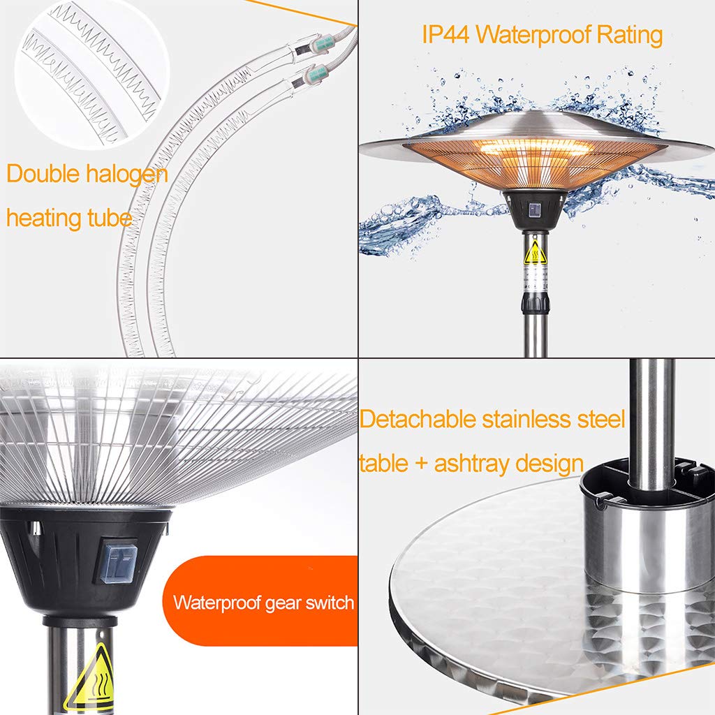 Calentador De Patio Al Aire Libre Eléctrico Infrarrojo Halógeno Jardín, Con Base De Aleación De Aluminio Grueso Y 3 Configuraciones De Calor Para Cafeterías, Restaurantes U Otros Lugares Al Aire Lib