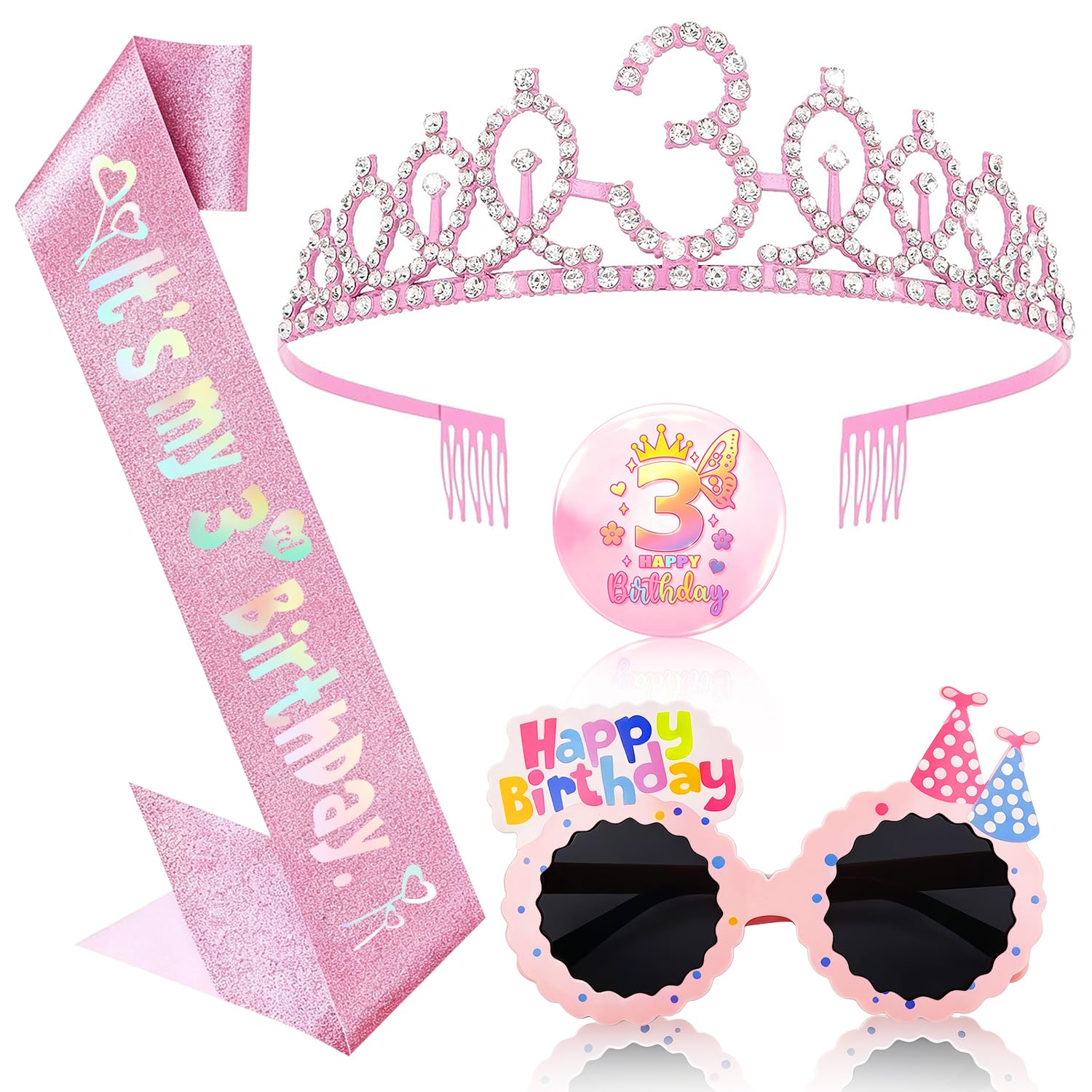 OLOSONG 3th Birthday Party Accessories Set - 3 Pcs Glitter Sash and Crown Kit with & Badge, Happy Birthday Sunglasses, 3th Birthday Decorations Gifts