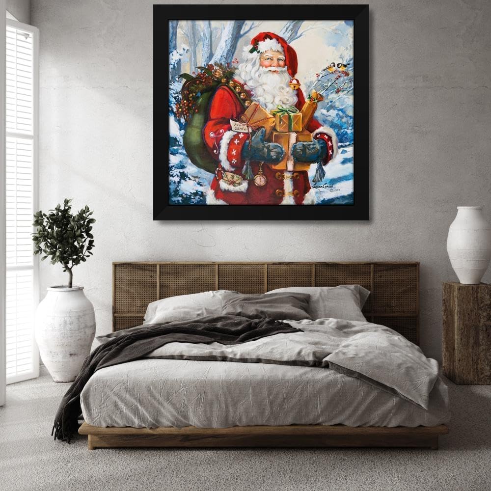 Comish, Susan 36x36 Huge Black Modern Framed Canvas Art Print Titled: Woodland Home Santa