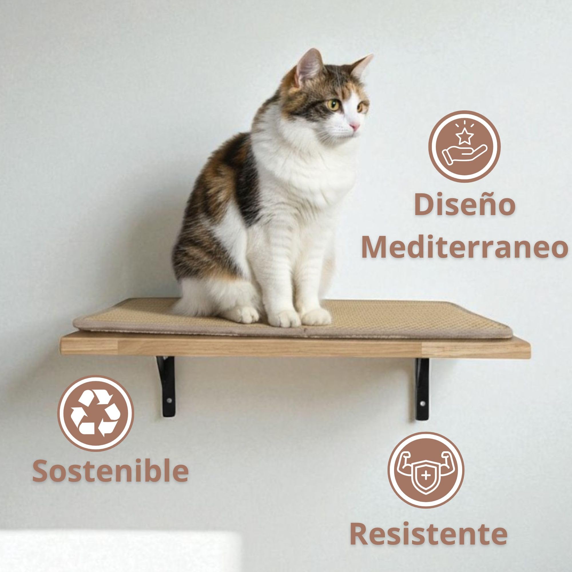 Estantería para Gatos Interior Ancla Mural con Plataforma de Descanso y Rascador de Sisal Antideslizante | Madera de Caucho Sostenible para Pared