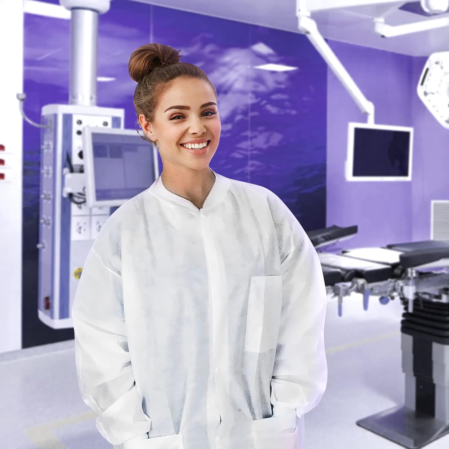 AMZ Disposable Lab Coats. Pack of 10 White XX-Large Splash Proof 0.15 mm SMS Frocks for Industrial Applications. Unisex Adult Stuff Jackets with Long Sleeves, Knit Collar, Knit Cuffs, 3 Pockets. - - 