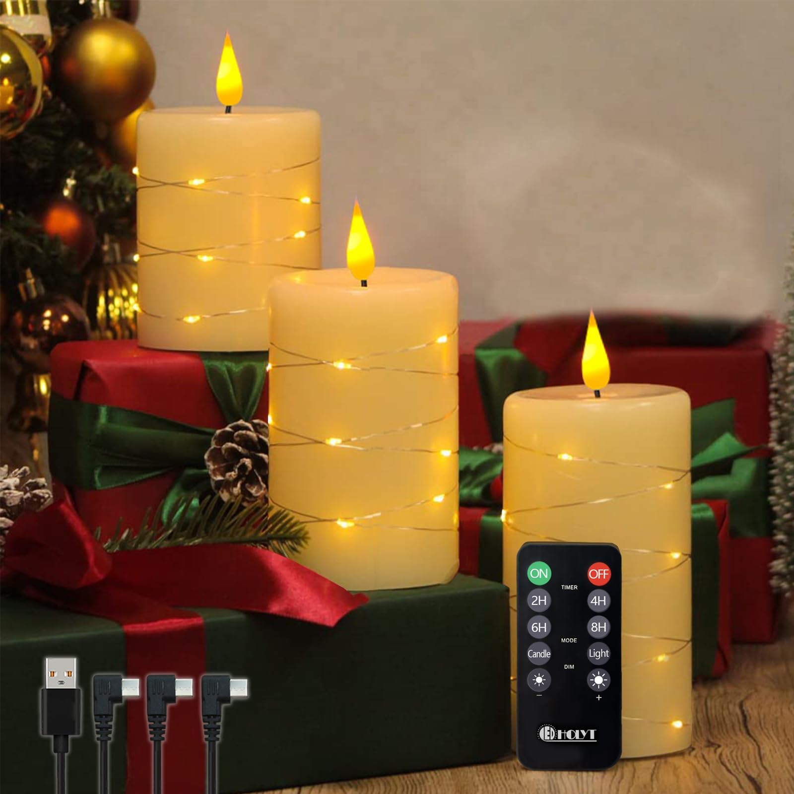Rechargeable Flameless Candle, Flickering LED Pillar Real Wax Candle with Fairy Lights, Remote Control and Timer, Upgraded Teardrop Wick, Built-in Battery Electronic Candle, Set of 3