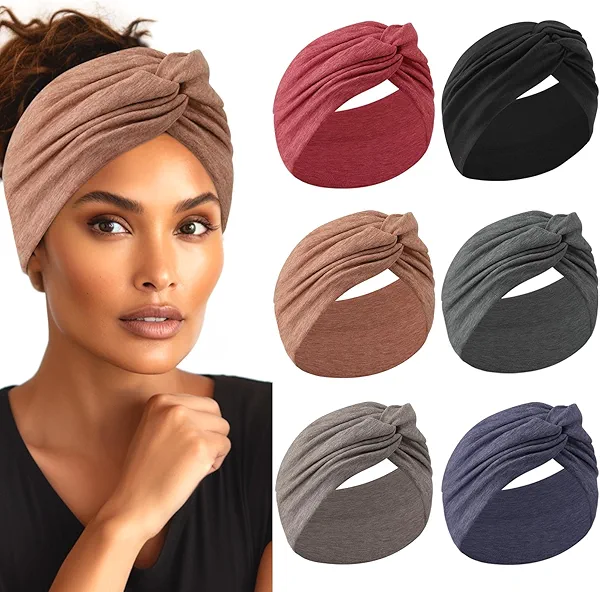 Extra Wide Headbands for Women, 7'' Large Cotton Like Turban Knotted Bandana Head Bands for Women Non Slip, Boho Headbands for Women's Hair (6Pcs Dark Colors, Extra Large 7" Wide)