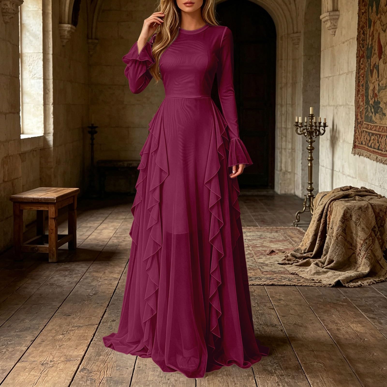 Elegante Abito da Sera Viola con vestibilità Aderente e Classico Abito a Maniche Lunghe per Eventi e Feste in Costume.
