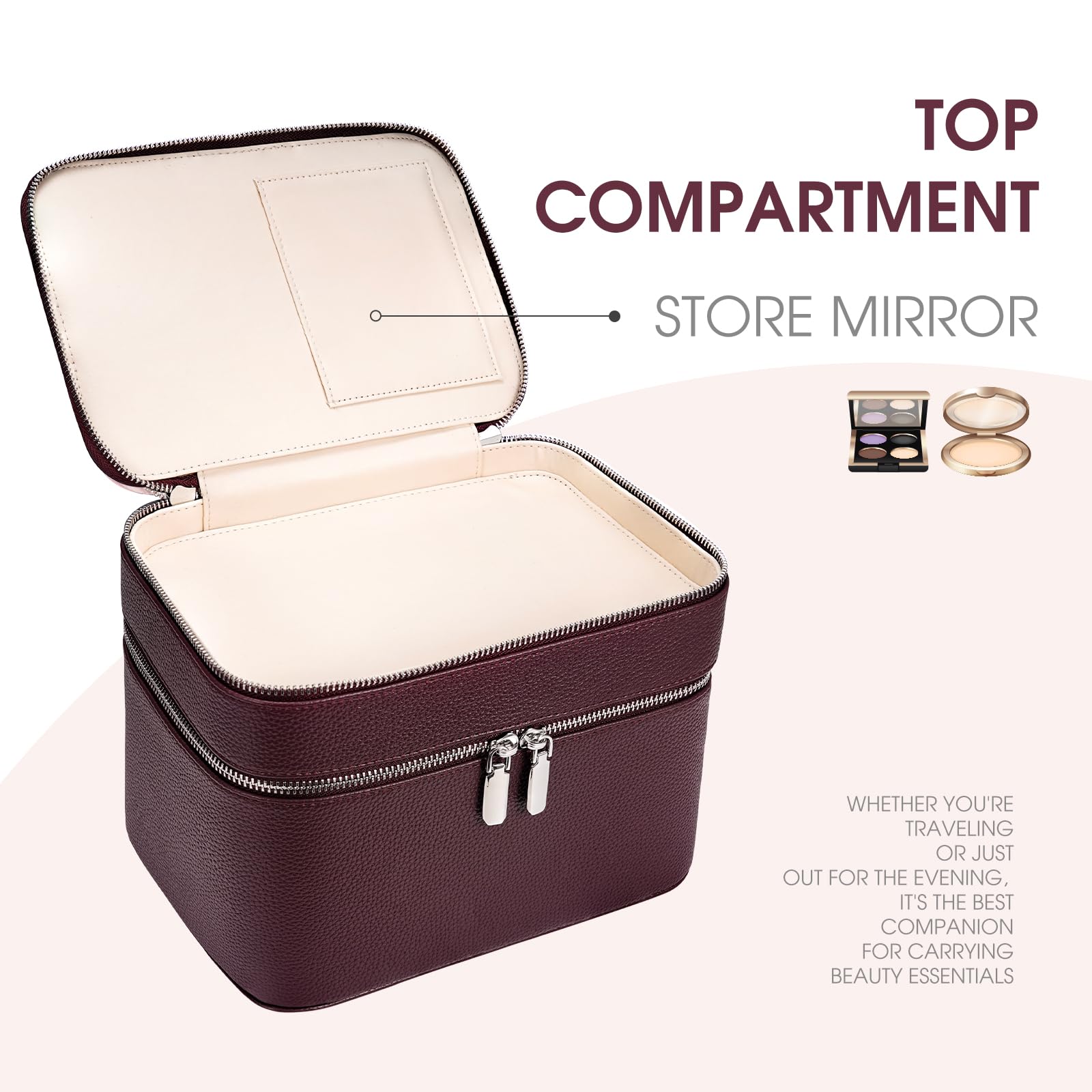 Make-up-Koffer, großes Fassungsvermögen, wasserdicht, doppellagig, Kosmetiktasche mit herausnehmbarer Trennwand, Doppelfach, Pinsel-Organizer, multifunktionaler Reise-Organizer, Burgunderrot