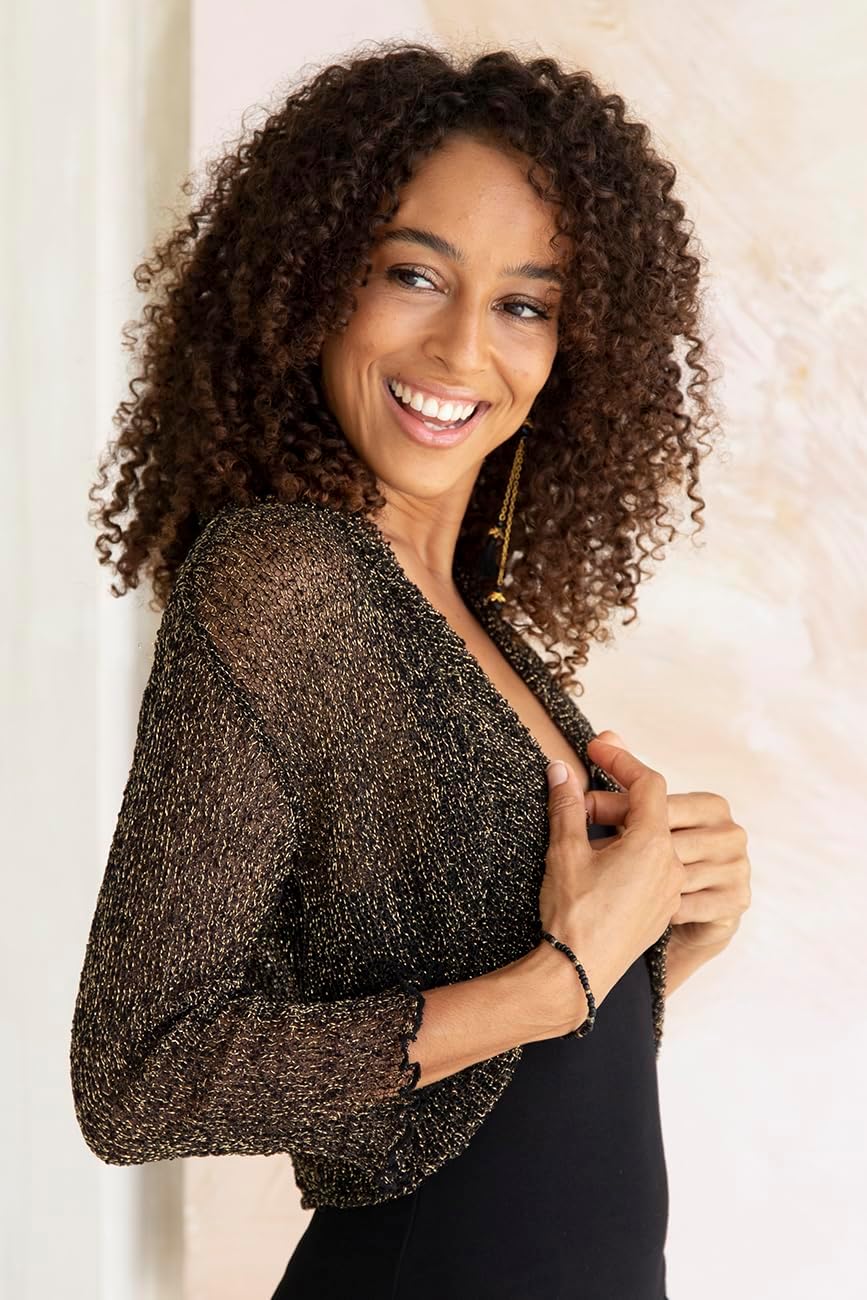 Back From Bali Womens Sheer Bolero Shrug Metallic Gold Lightweight Knit Sweater for Dresses, Cropped Jacket Evening Dresses Small