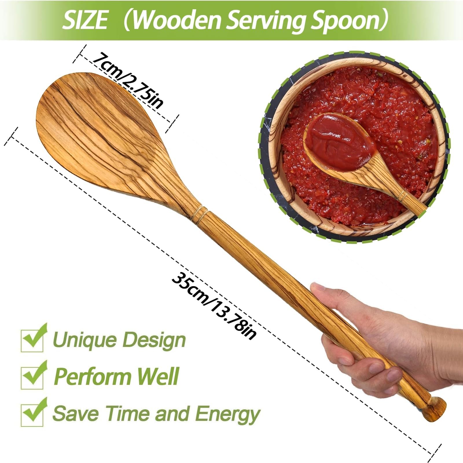 Cucchiaio in Legno D'ulivo, Cucchiaio in Legno Grande con Manico Lungo per Cucinare, Cucchiaio da Cucina Rotondo, Cucchiai da Portata per Mescolare E Servire in Cucina(A)