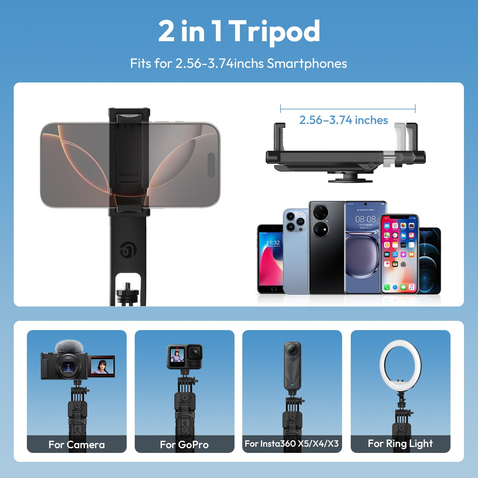 ULANZI TT23 165 cm Bastone selfie a tracciamento automatico del volto, Cavalletto per smartphone con base a 4 piedi, Rotazione 360°, Telecomando wireless, Compatibile con iOS, Android, Action Cam