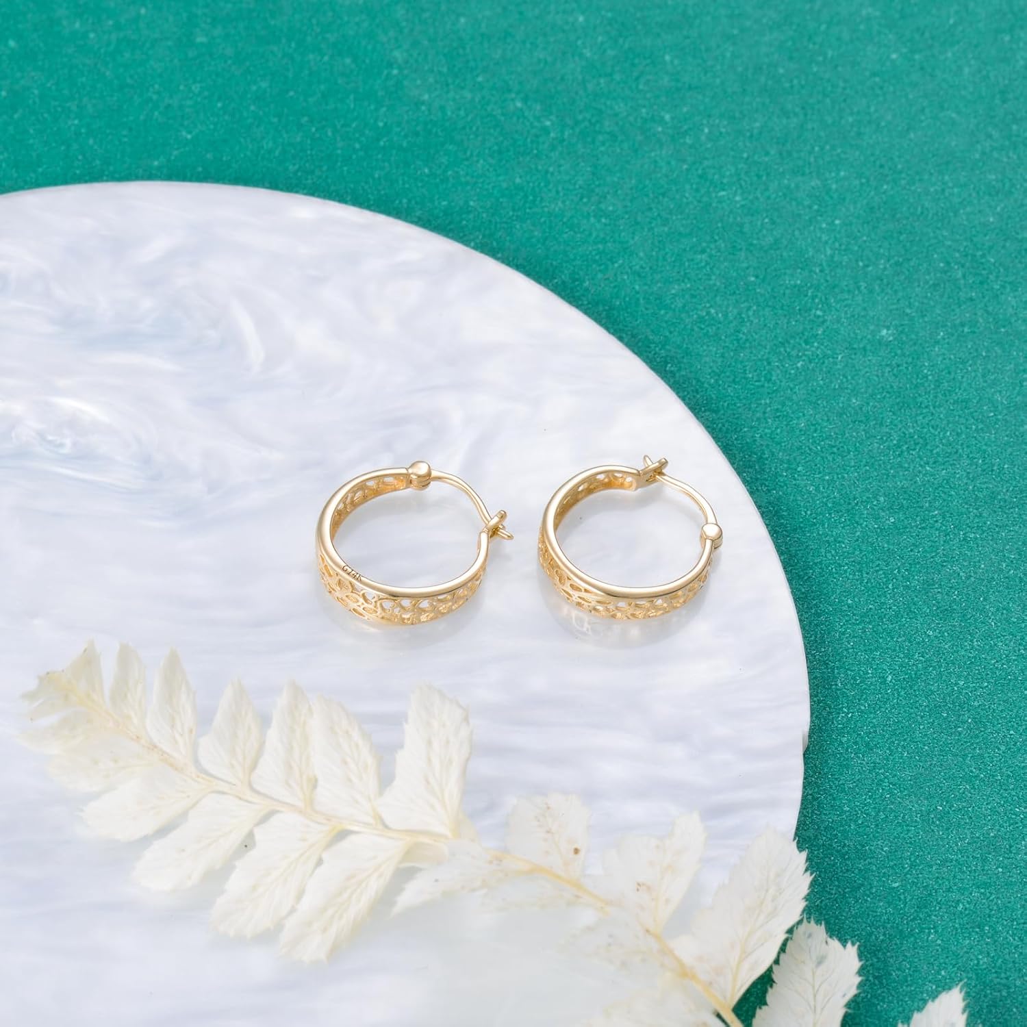 14K Solid Gold Filigree Earrings for Women Real Yellow Gold Heart Hoop Earrings Minimalist Jewelry Mother's Day Gifts for Wife Mom - Image 3