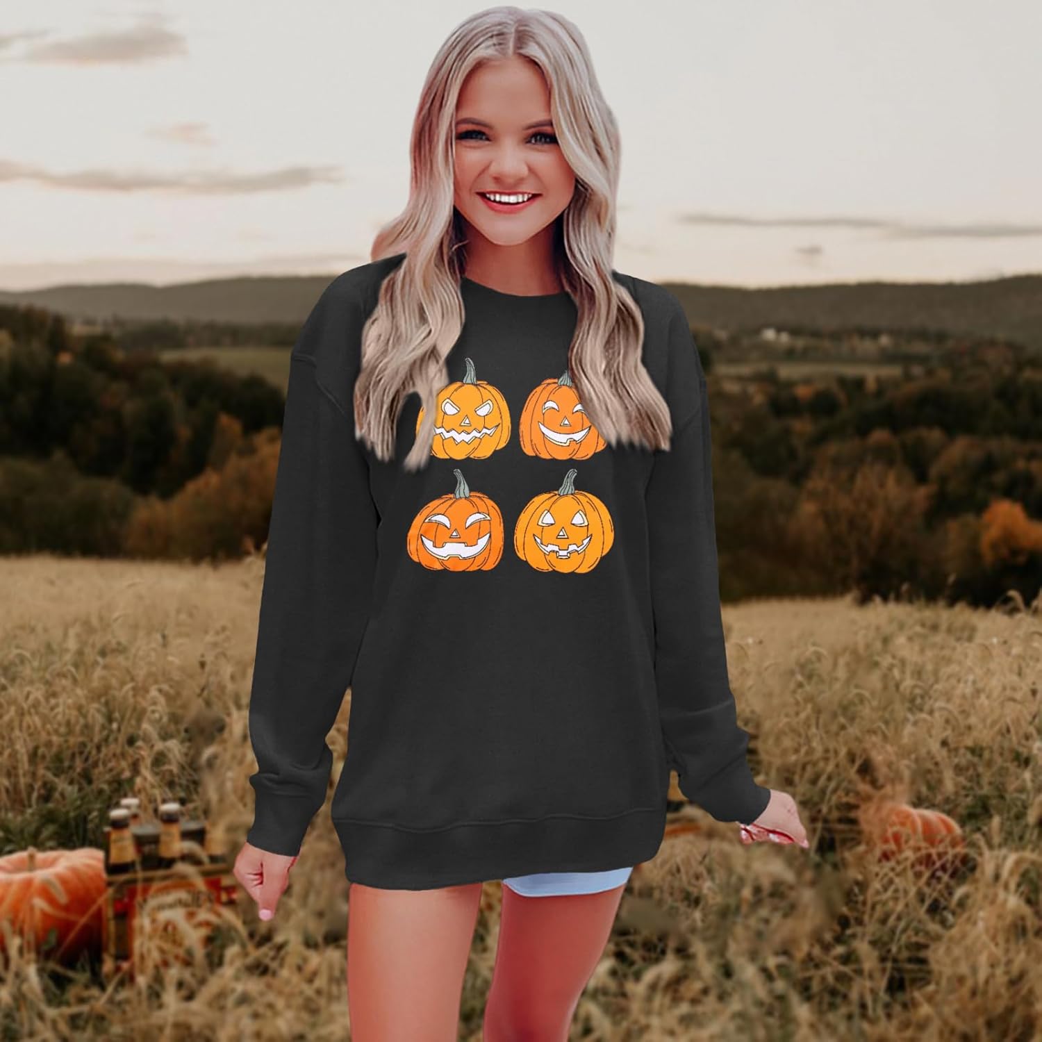 CM C&M WODRO Halloween Women Pumpkin Sweatshirt Funny Pumpkin Face Graphic Pullover Crewneck Long Sleeve Fall Shirts Top - Image 2