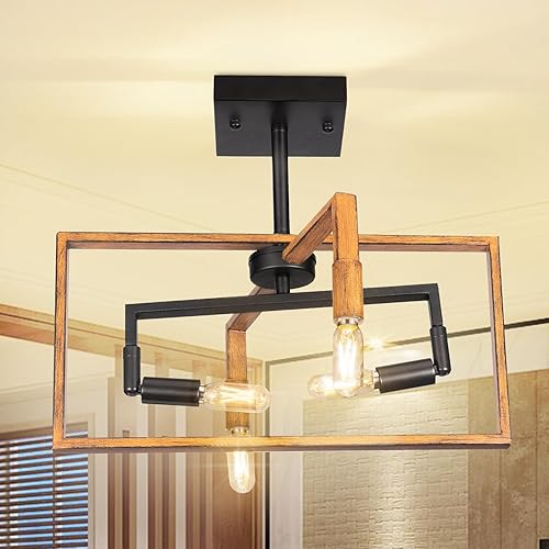 Lámpara de techo industrial de 4 luces semiempotradas, lámpara de techo rústica vintage para comedor, sala de estar, dormitorio, vestíbulo, pasillo,