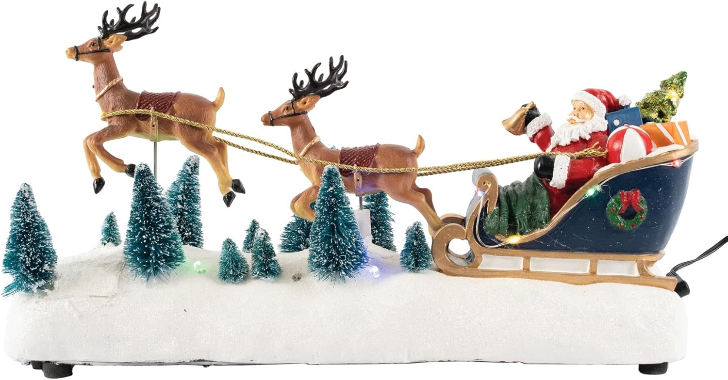 Animated Christmas Village Accessory - Santa in Sleigh with Reindeer