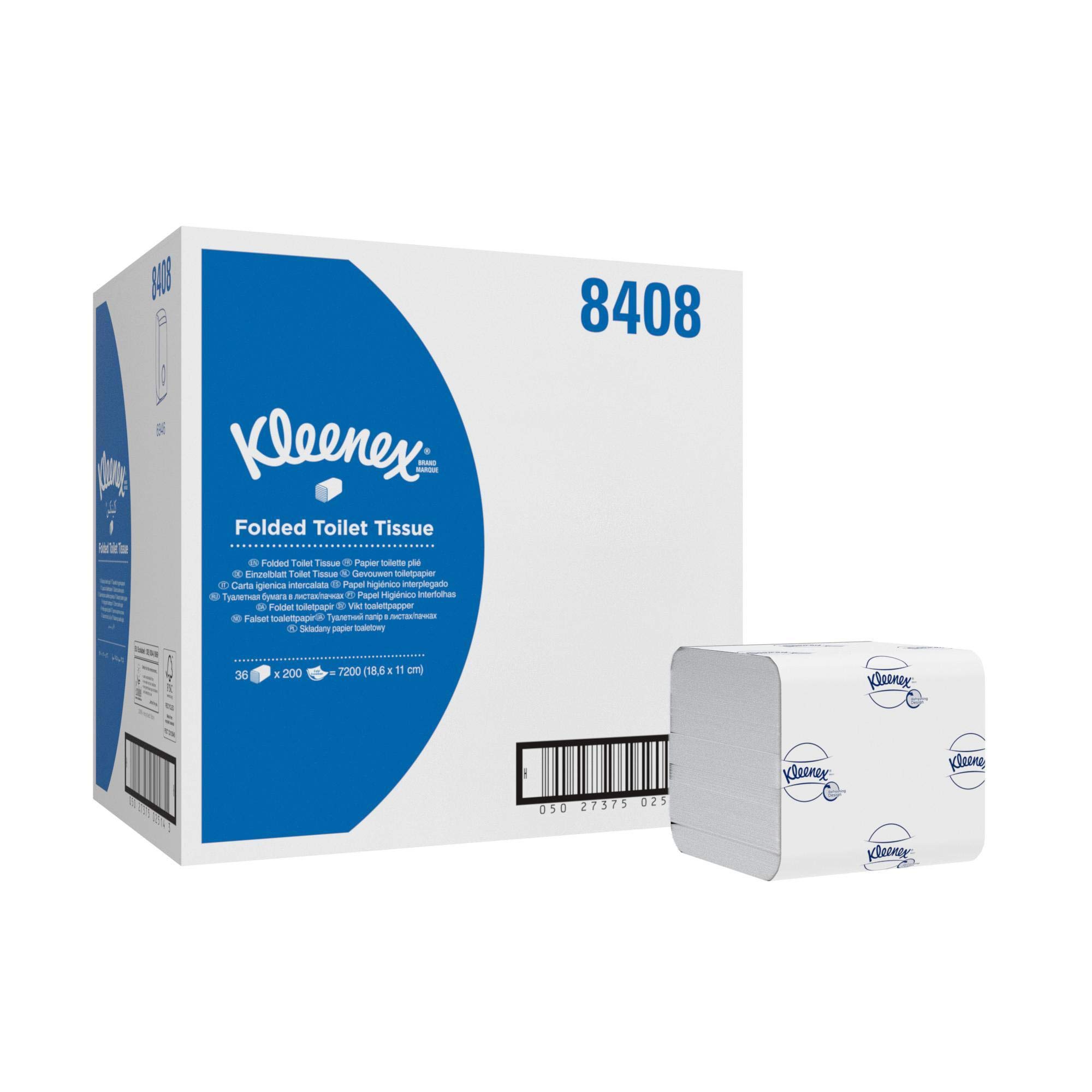 Składany papier toaletowy Kleenex 8408 — dwuwarstwowy papier toaletowy w opakowaniu zbiorczym — 36 opakowań × 200 arkuszy papieru toaletowego (łącznie 7200)