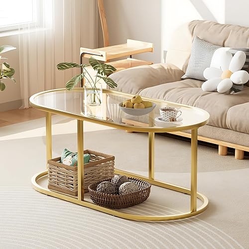 Miniatura 13 de Mesa auxiliar de cristal dorado para sala de estar, mesa central ovalada de 2 niveles con marco de metal resistente, mesa moderna de vidrio templado