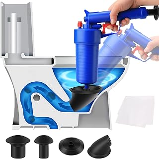 Toilet Clog Remover Tool Set, High Pressure Drain Blaster Plunger Gun with 4 Suckers, Apply to RV, Kitchen, Sink, Bathroom, Bathtub, Toilet, Floor Drain, Drain, Clogged Pipe