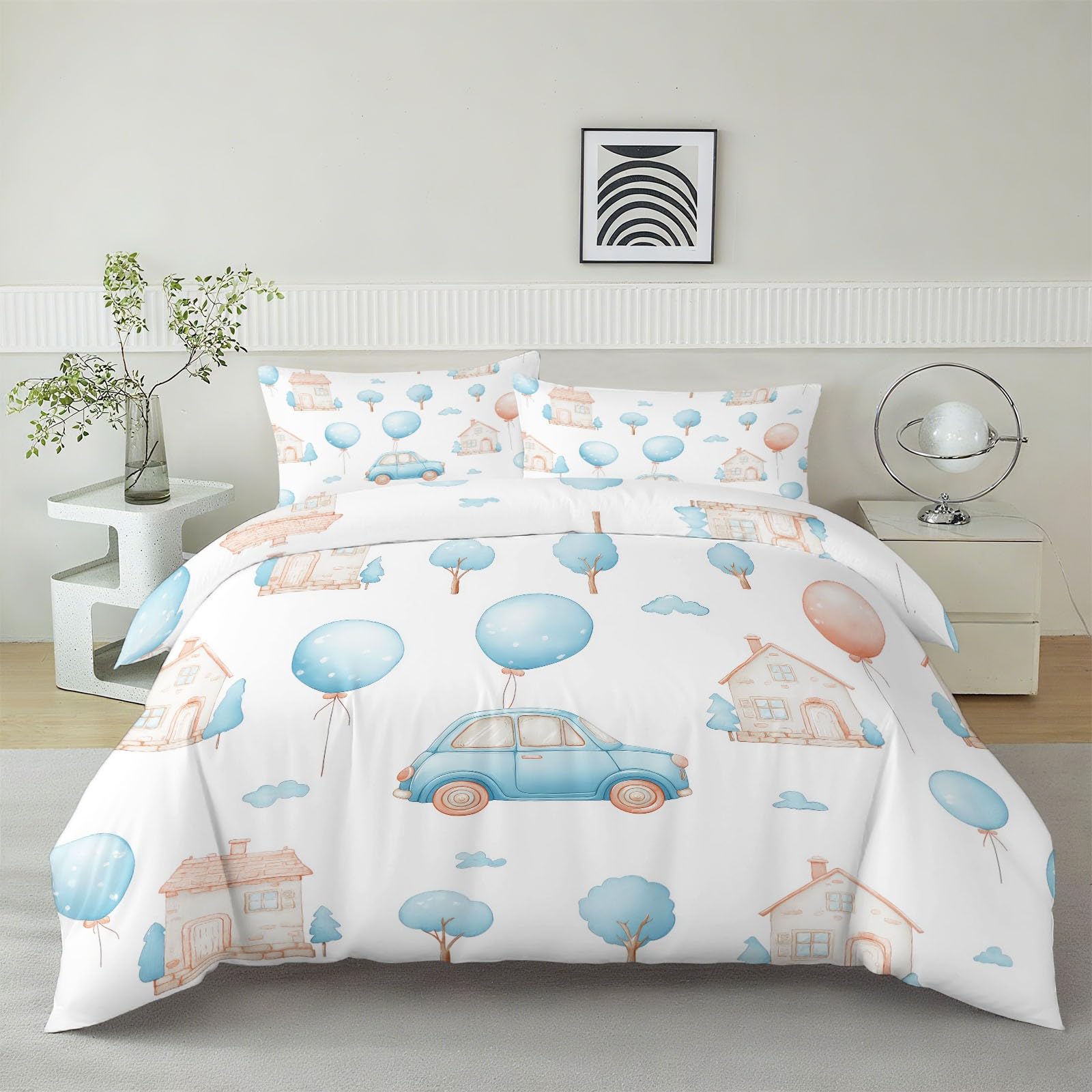 Balon Haus Komplet pościeli dla małych dzieci, 200 x 200 cm, dla matki i niemowląt, ręcznie rysowane, fantazyjna, dwustronna pościel 3-częściowa, miękka, przyjazna dla skóry, hipoalergiczna, biała, z
