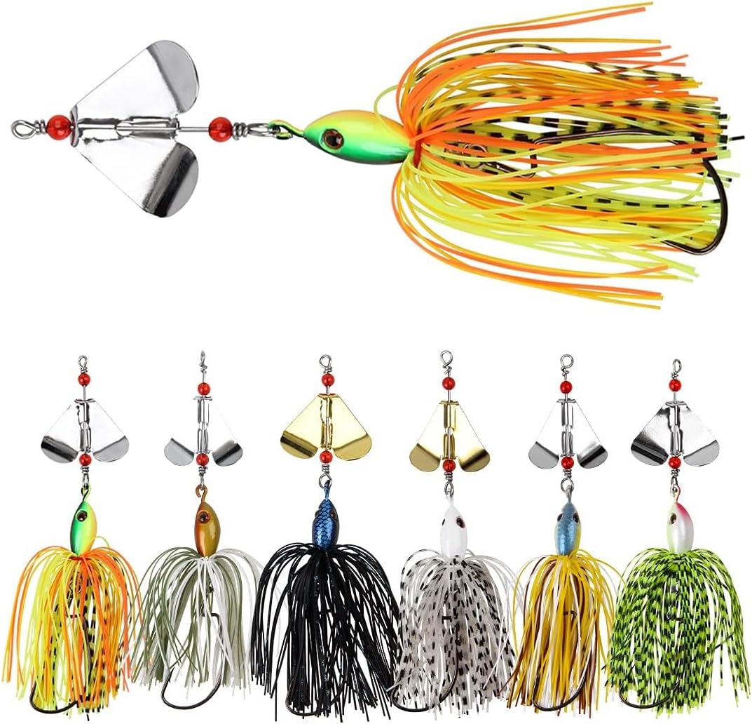 THE WHITE SHOPFishing Lures Kit Set, 6pcs Bass Fishing Buzzbait Multicolor Bass Trout Salmon Metal Spinner Baits Swim Jigs Freshwater Saltwater Fishing