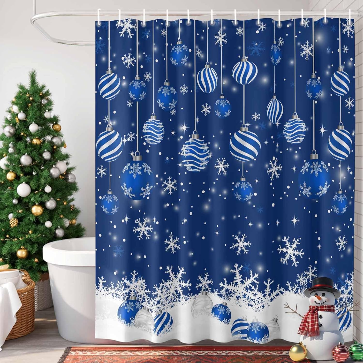 Christmas Shower Curtain Winter Snowflake Xmas Shower Curtains with 12 Hooks Waterproof Blue Xmas Balls Bath Curtain for Bathroom,Bathtub Decor Lightweight Blue Fabric Shower Curtain Set 72x72 Inch