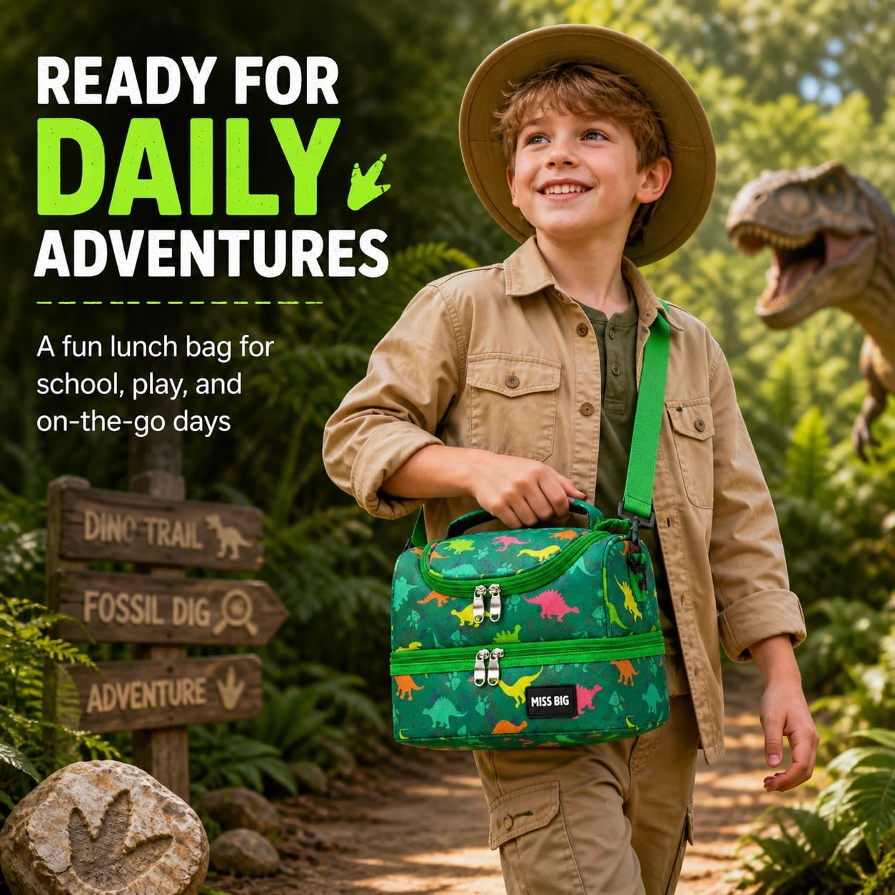 MISS BIG Kids Lunch Set, Green Dino Bag + 1900ml Gray Bento image 5
