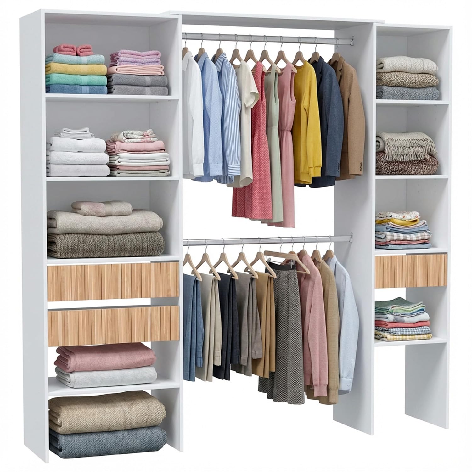 Armadio Guardaroba Aperto Con Ripiani Regolabili 3 Cassetti Doppio Appendiabiti In Alluminio Mobile Armadietto Multiuso Senza Ante Camera Da Letto Cameretta 190 x 187 x 40 Cm Bianco E Rovere Listato