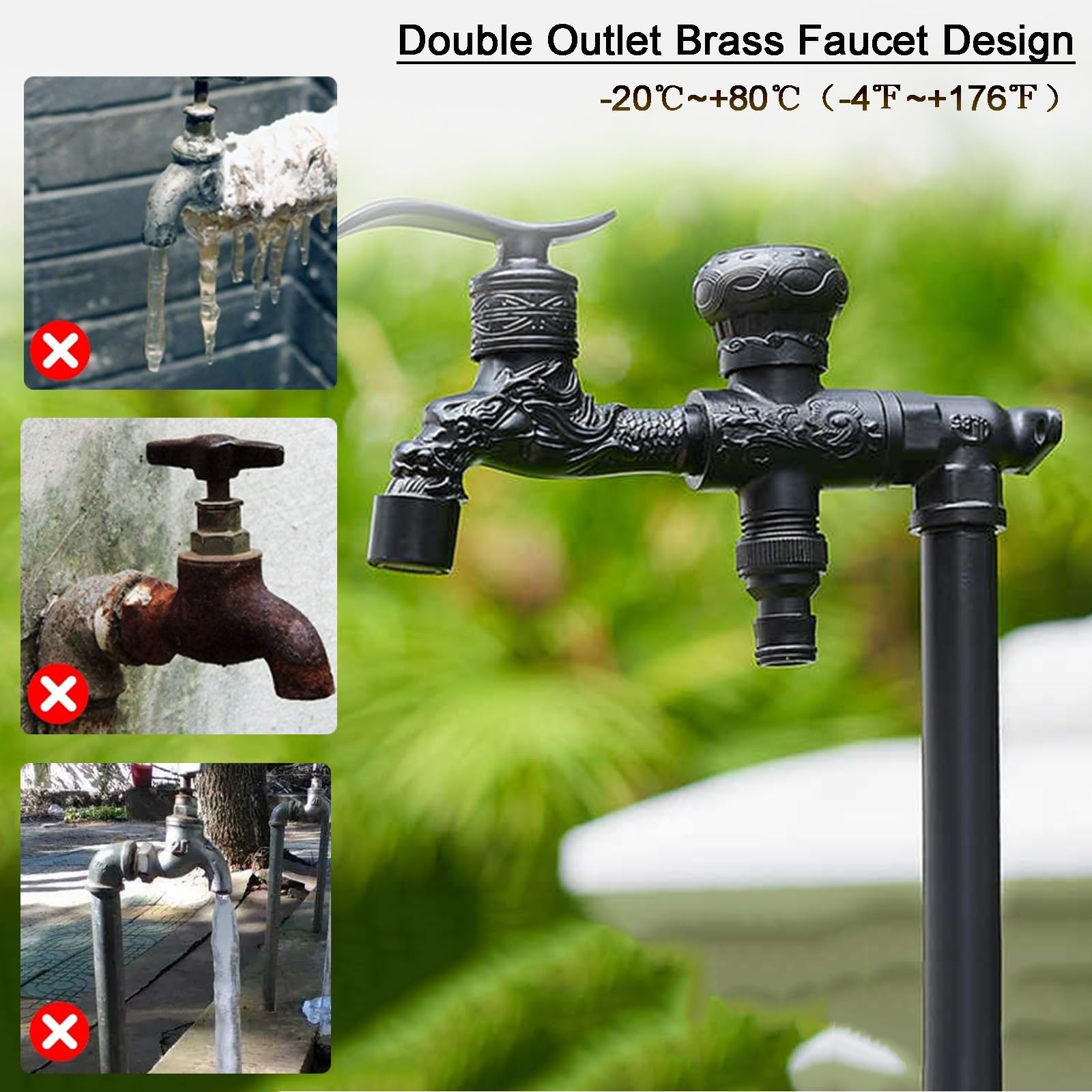 Columna de Agua para Jardín Vertical, Columna de Agua para Jardín de Cobre con Grifo de Doble Salida y Algodón Anticongelante(Black,40cm/16in)