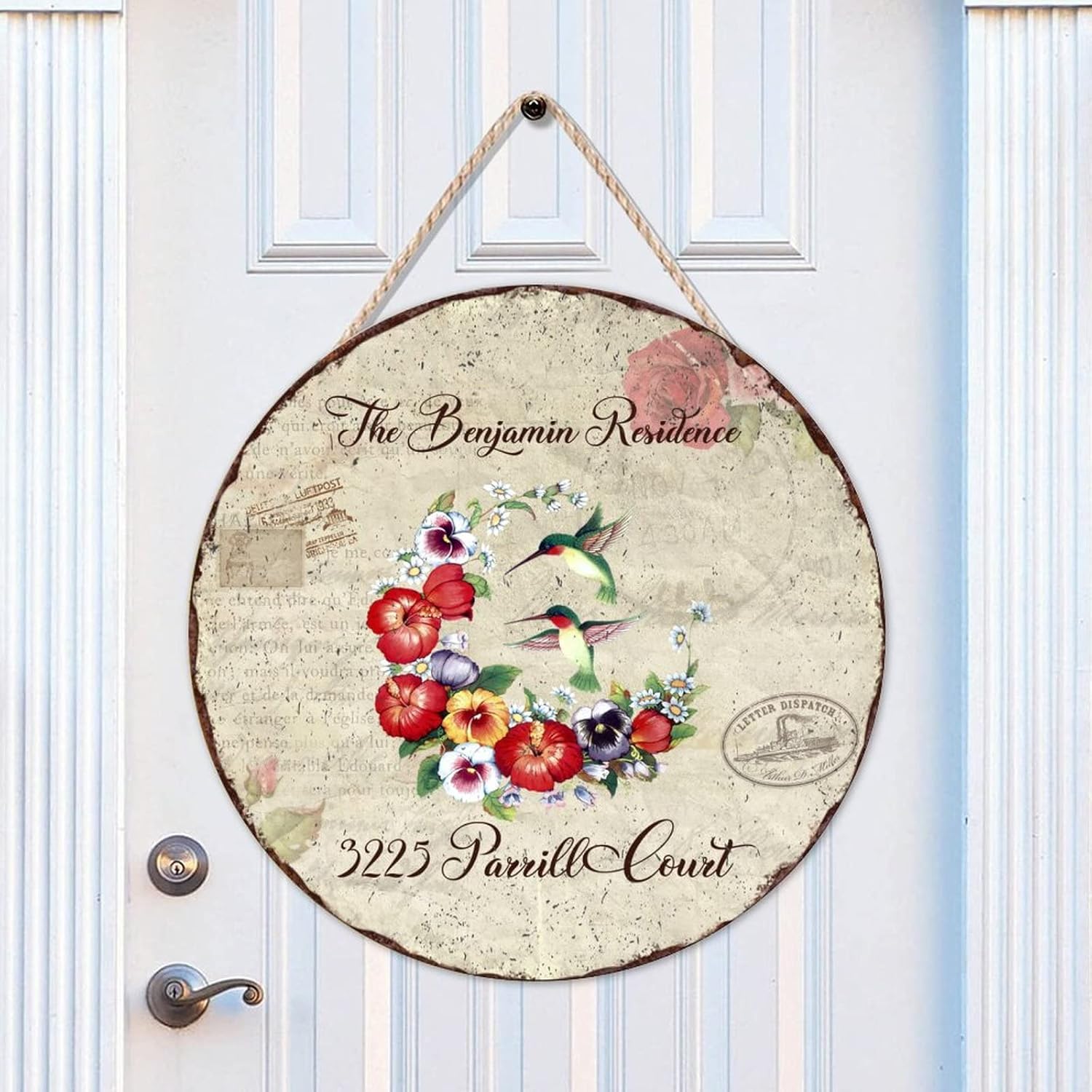 Custom Name Home Address Hummingbird Wood Door Sign Vintage Welcome Front Door Sign 16" x16" Retro Wall Hanging Sign Plaque Rustic for Front Door Farmhouse Porch Housewarming Gifts