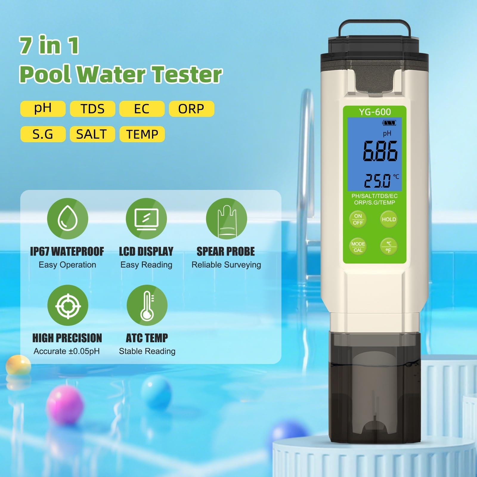 Tester dell'acqua, Tester digitale 7 in 1 for la qualità acqua, pH, salinità, temperatura, ORP, TDS, EC, risoluzione 0,01, for acquari, piscine, e acqua salata.