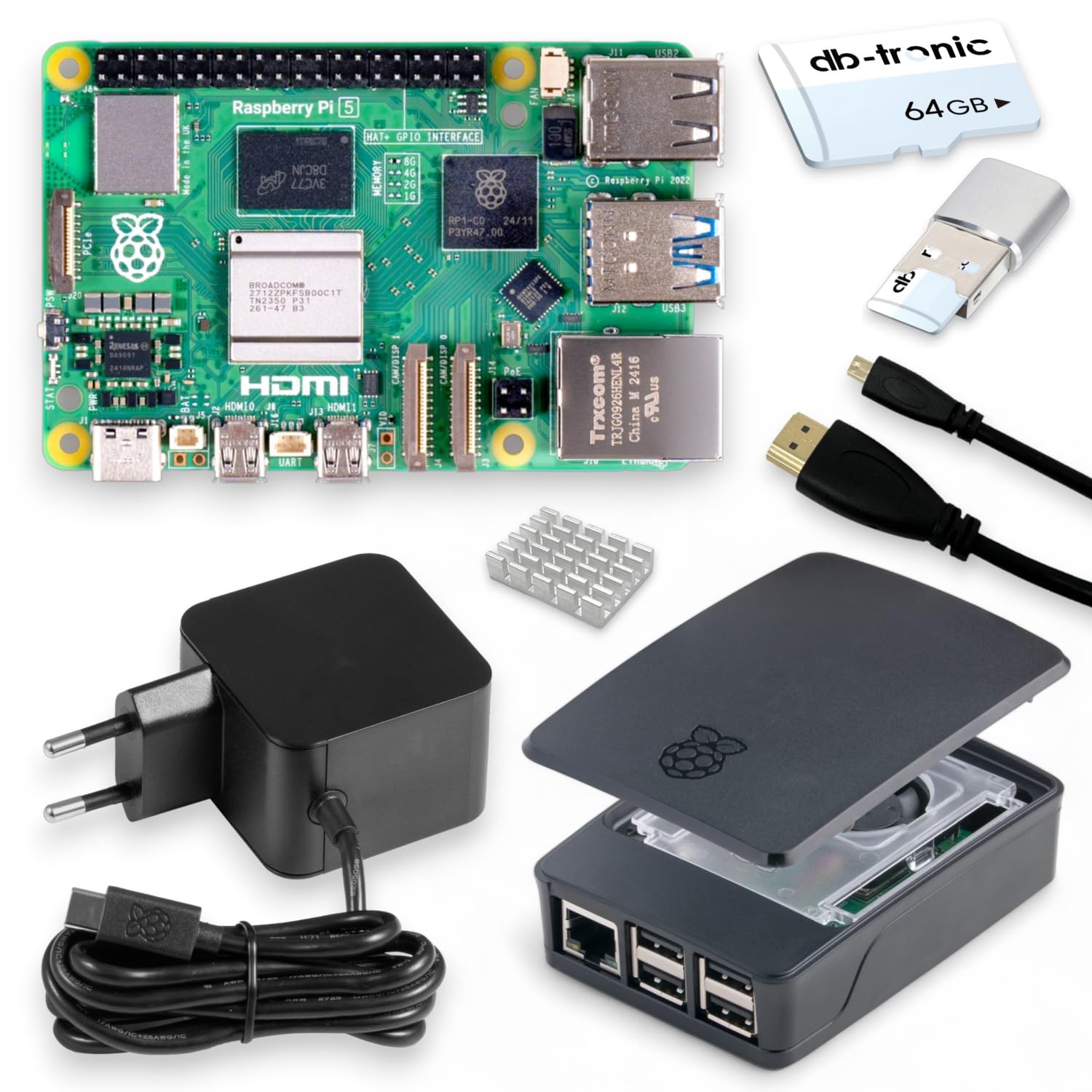 Raspberry Pi 5 8 GB Starter Kit, Black, 27 W USB-C Power Supply, Case with Fan, 64 GB microSD, 4K Micro HDMI Cable 1 m/Raspberry Pi 5 8 GB RAM
