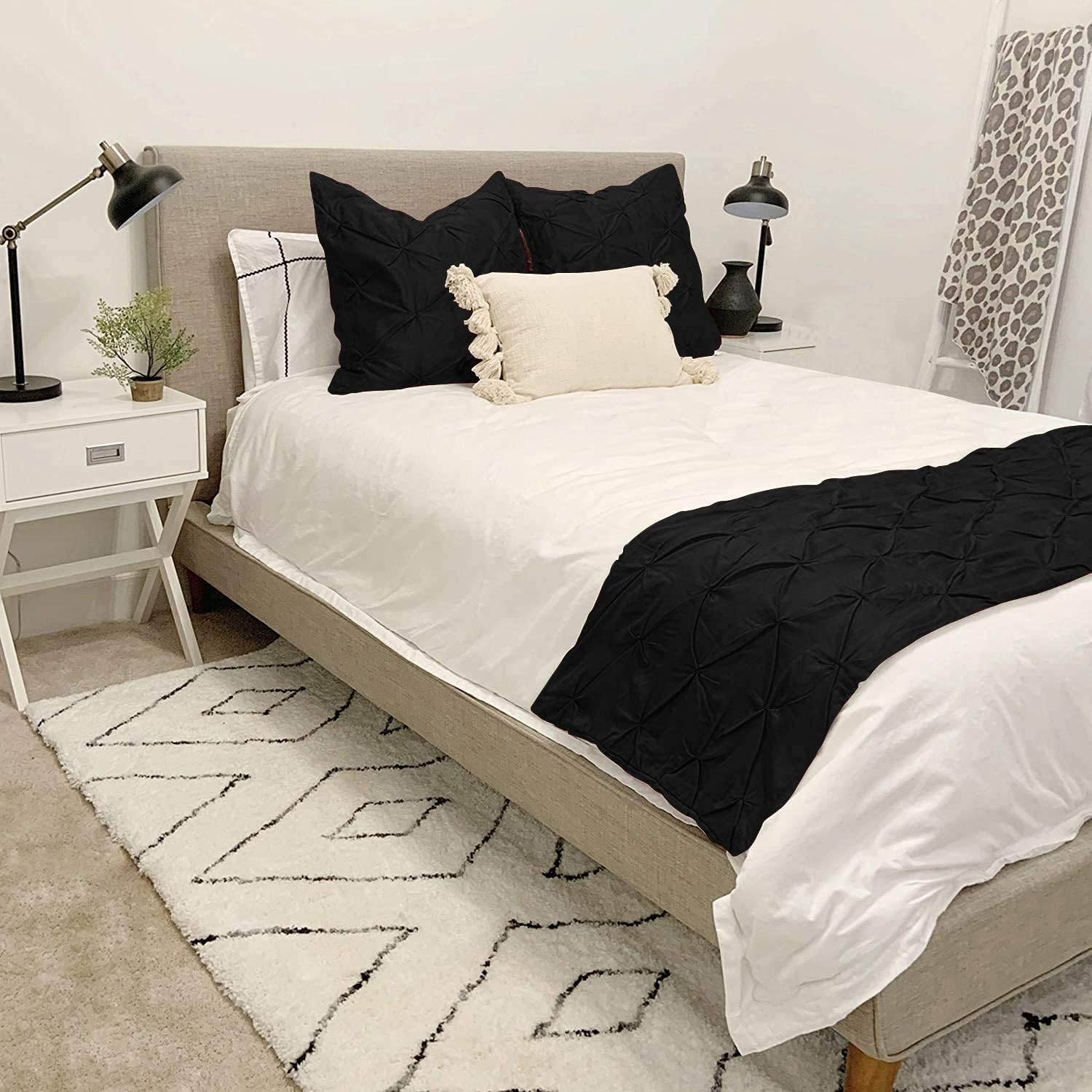 Pure Dreams 100% Egyptian Cotton, 1000 TC, Bed Runner with 2 Pillow Cover, Pinch Pleated Design, Rugs for Bed, Soft & Luxury 3 Piece-Black Solid (18" x 90")-image-40