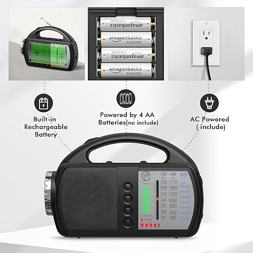 Miniatura 5 de Radio meteorológica AM FM NOAA, radio de emergencia portátil con linterna, Bluetooth 5.0, USB, entrada auxiliar alimentada por batería recargable