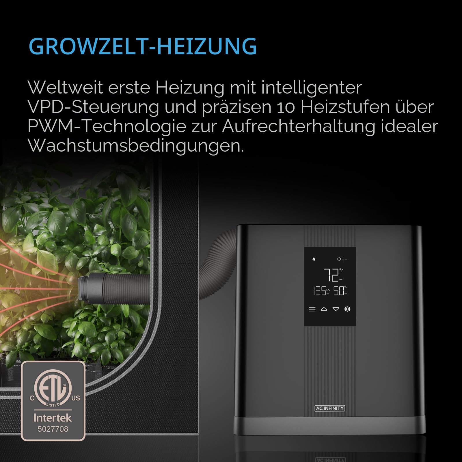 AC Infinity THERMOFORGE T3 – Grow-Heizgerät mit VPD-Temperatursteuerung, 10-stufiger PTC-Heizung und Verlängerungsschlauch, für Grow-Zelte, Räume und Gewächshäuser