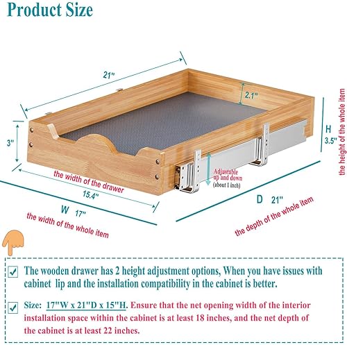 Miniatura 3 de OCG Organizador de gabinete extraíble de 1 nivel (17 pulgadas de ancho x 21 pulgadas de profundidad), estante de cajón de madera deslizante de alta