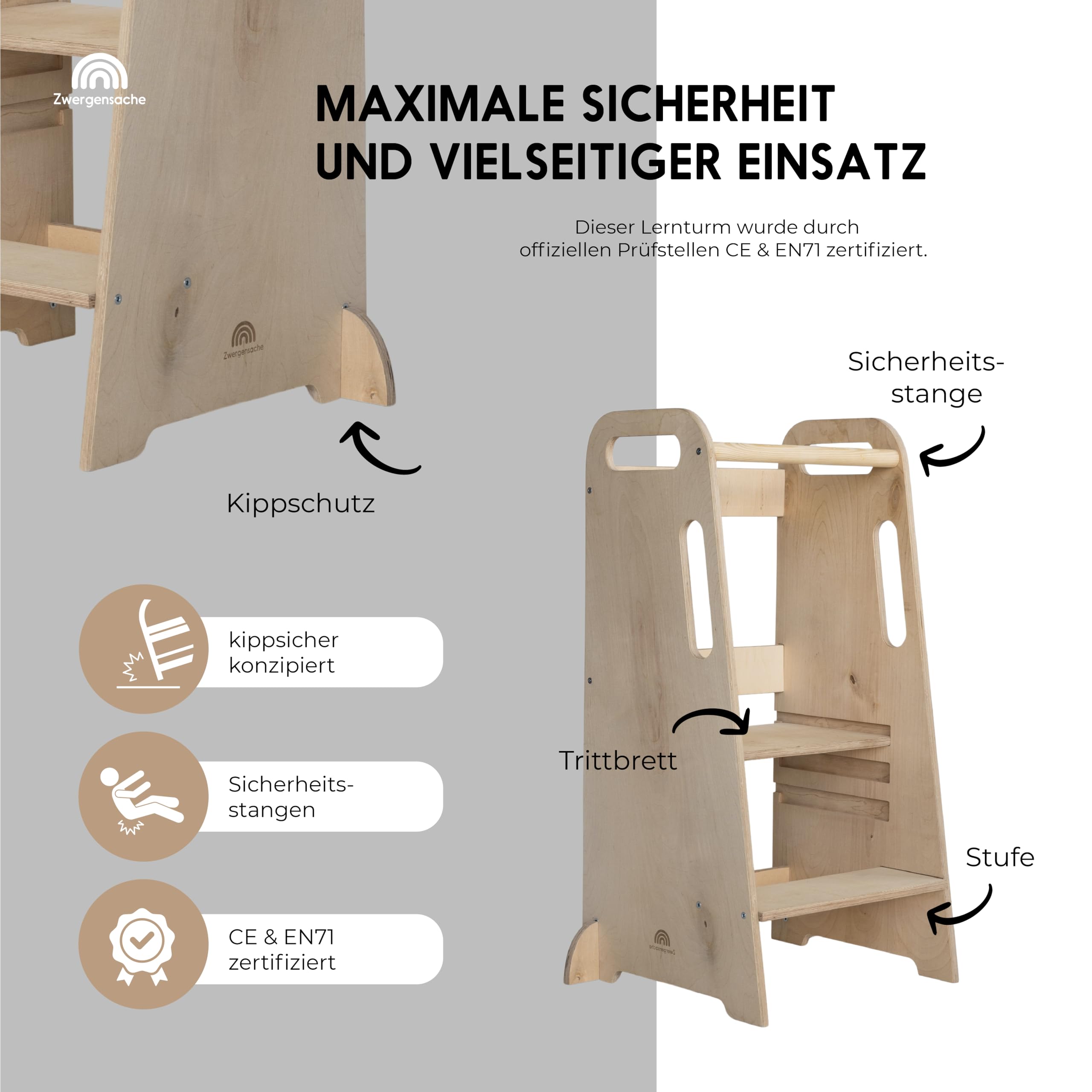 Lernturm ab 1 Jahr – Höhenverstellbar ohne Werkzeug – weiß lackiert - Kinder-Küchenhelfer, Lernturm aus Holz – kippsicher & stabil – fördert Selbstständigkeit - 1 bis 5 Jahre