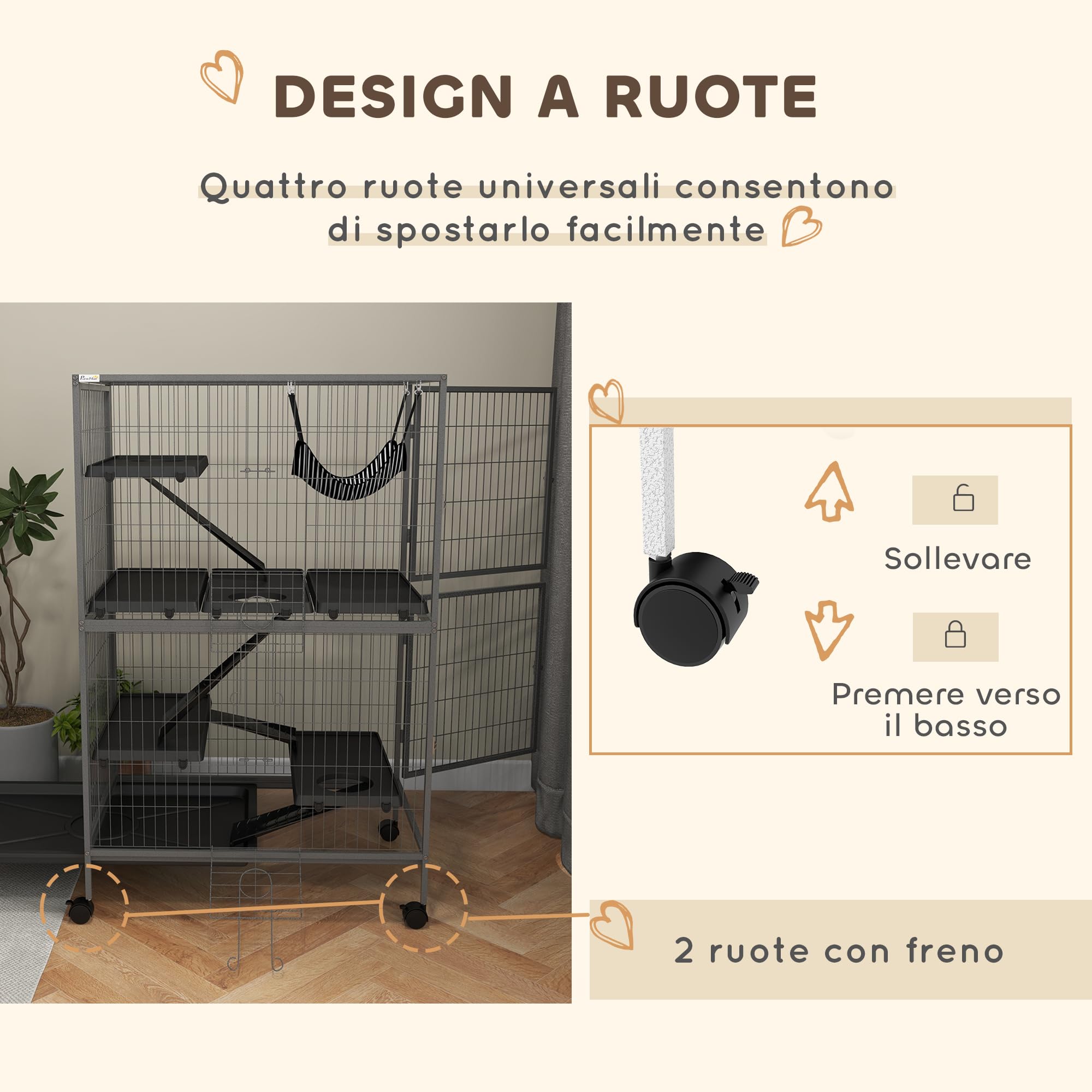 PawHut Gabbia per Animali Piccoli con 4 Ingressi a Livelli Multipli con Amaca, Gabbietta per Roditori, Furetti, Cincillà in Metallo e PP, 80x52x128 cm, Argento e Grigio