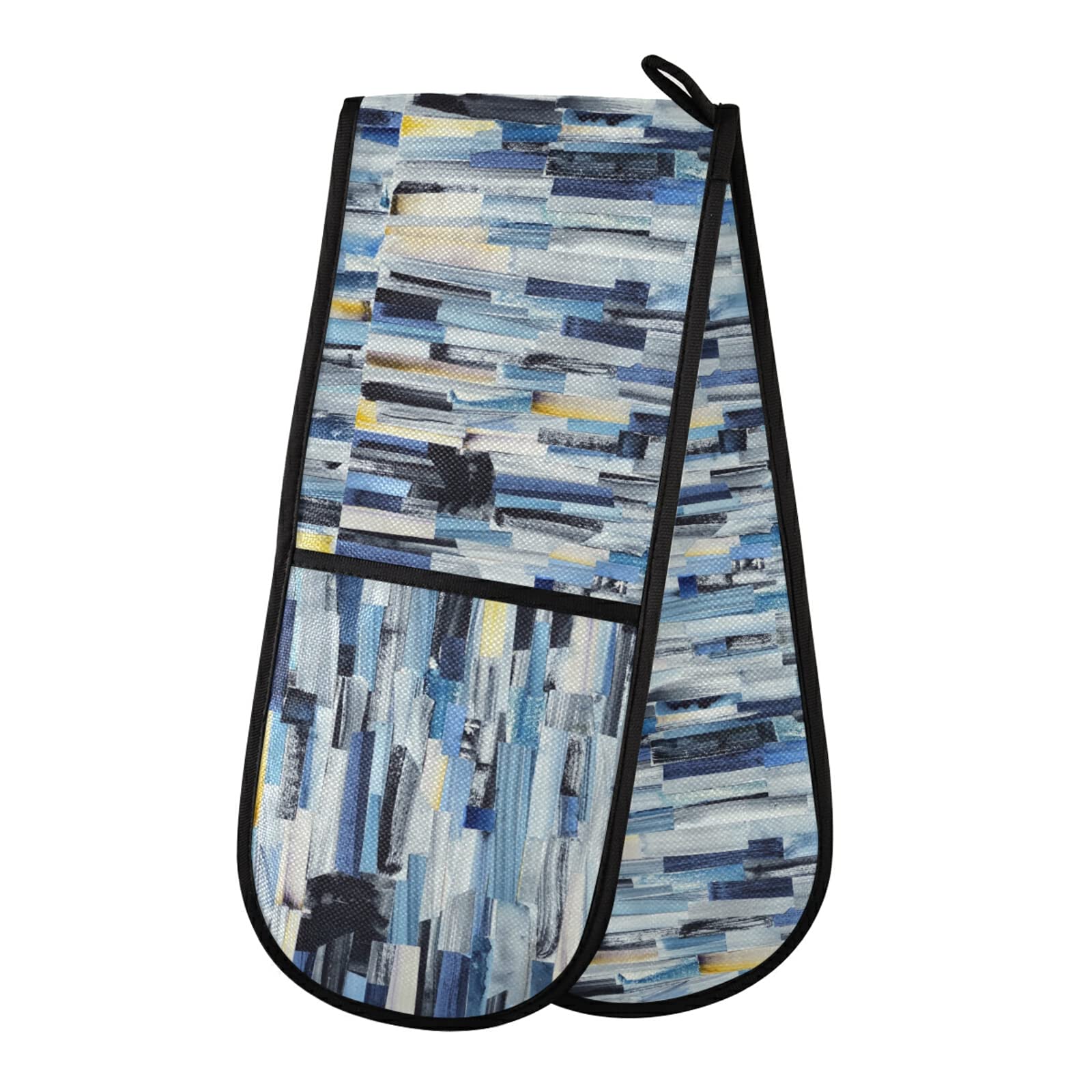 Abstract Multicolor Stripes Ink Texture Blue Dark Grey Yellow Double Oven Mitt Gloves Extra Long Potholder High Heat Resistant for Baking Cooking Baking Grilling Handling Hots Pans 35