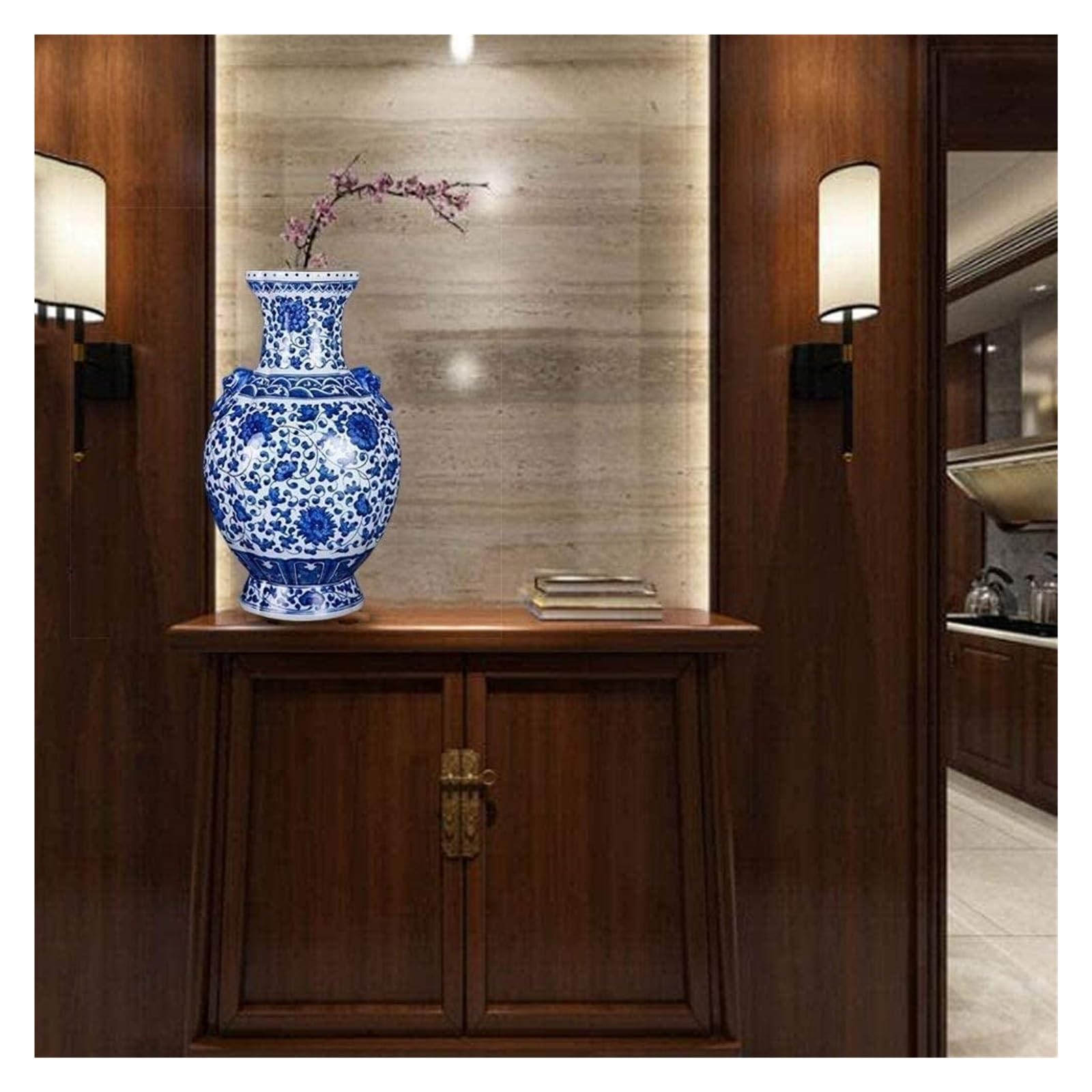Vasen Vase aus Keramik, handgefertigt, Doppel-Löwenohr, Flasche, blaues und weißes Muster, Schlafzimmer, Büro-Accessoires